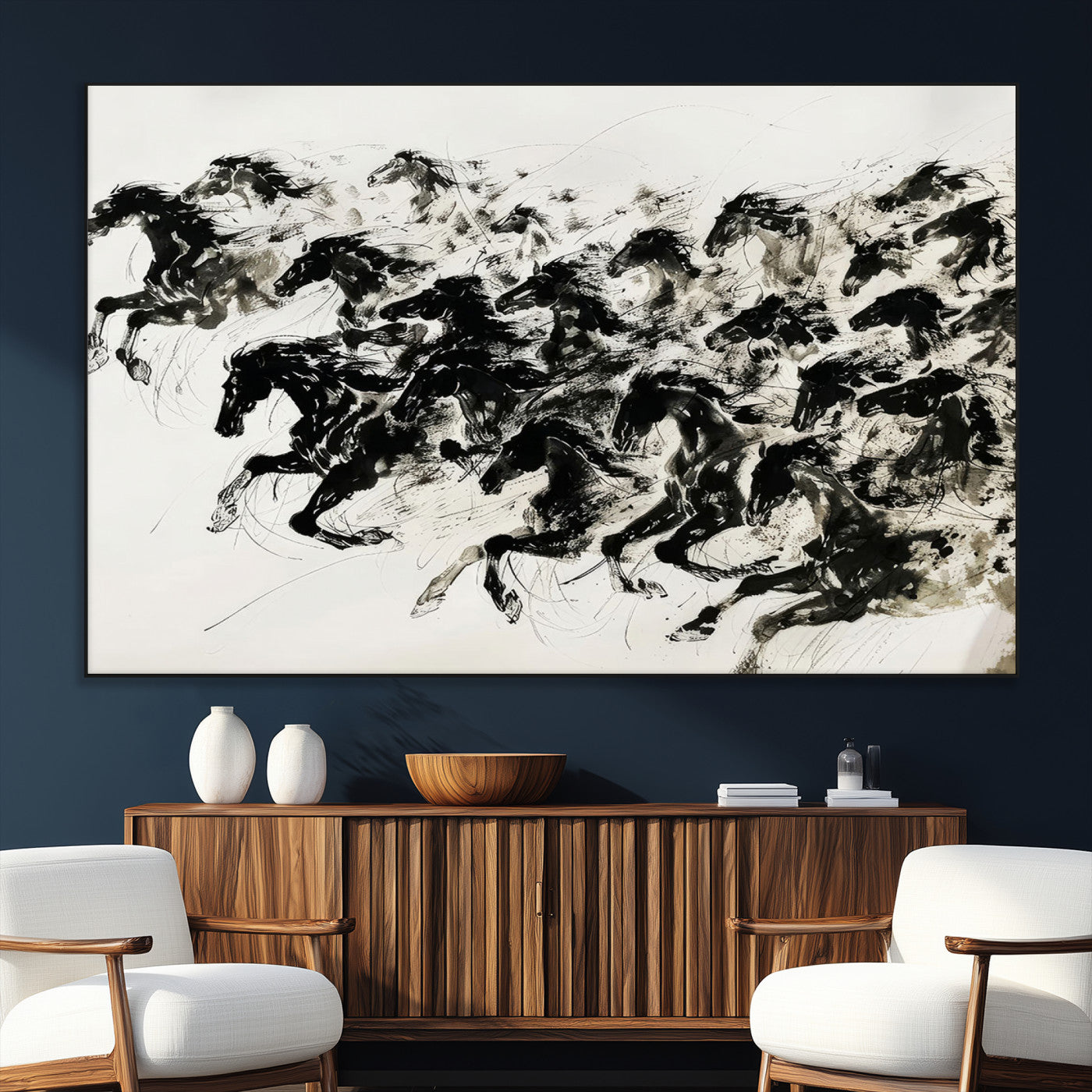 SEG-FC-51X34_Oversize - Abstract Horse Wall Art Canvas Print - Dynamic Black Ink Horse Print - Modern Equine Wall Decor for