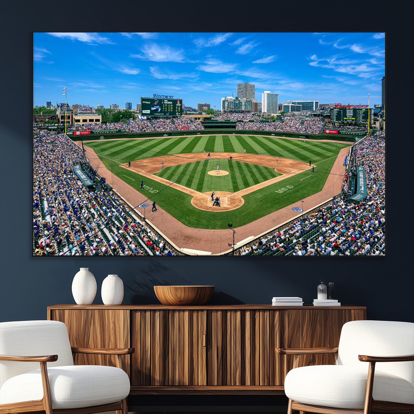 SEG-FC-51X34_Oversize - Framed Wrigley Field Chicago Cubs Print, Panoramic Multi Piece Canvas Wall Art - Iconic Baseball