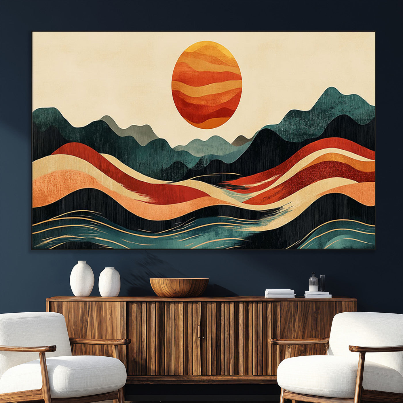 SEG-FC-51X34_Oversize - Mountain Triptych Wall Art - Western Nature Prints - Framed Boho Pine Tree Canvas for Log Cabin or