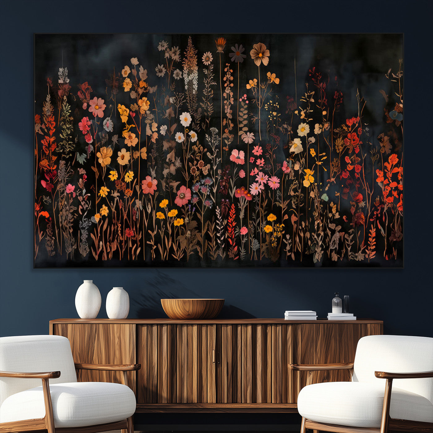 SEG-FC-51X34_Oversize - Dark Floral Canvas Wall Art - Moody Botanical Flower Print - Rustic Floral Wall Decor for Home -