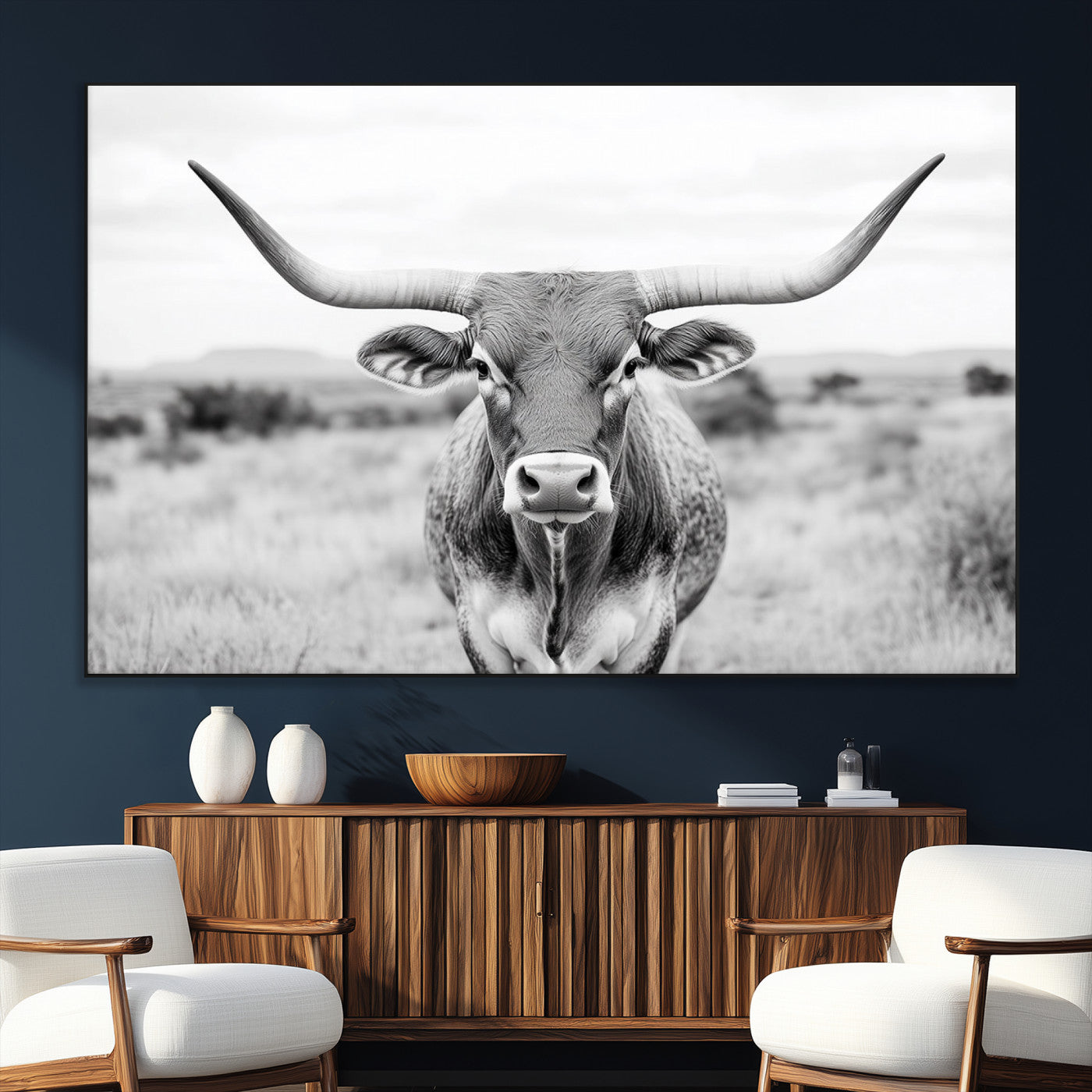 SEG-FC-51X34_Oversize - Highland Cow Wall Art Print - Black and White Texas Western Longhorn Canvas - Farmhouse Decor Print
