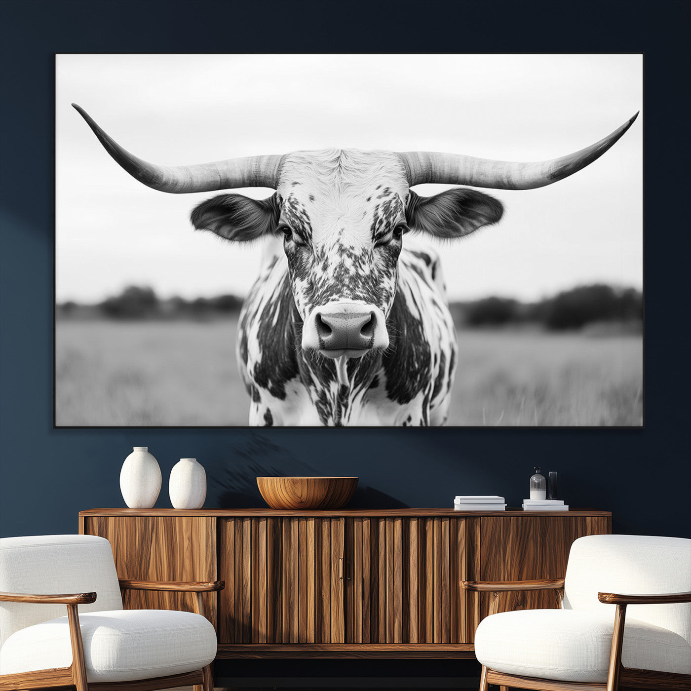 SEG-FC-51X34_Oversize - Highland Cow Wall Art - Black and White Western Longhorn Canvas Print - Farmhouse Living Room Decor
