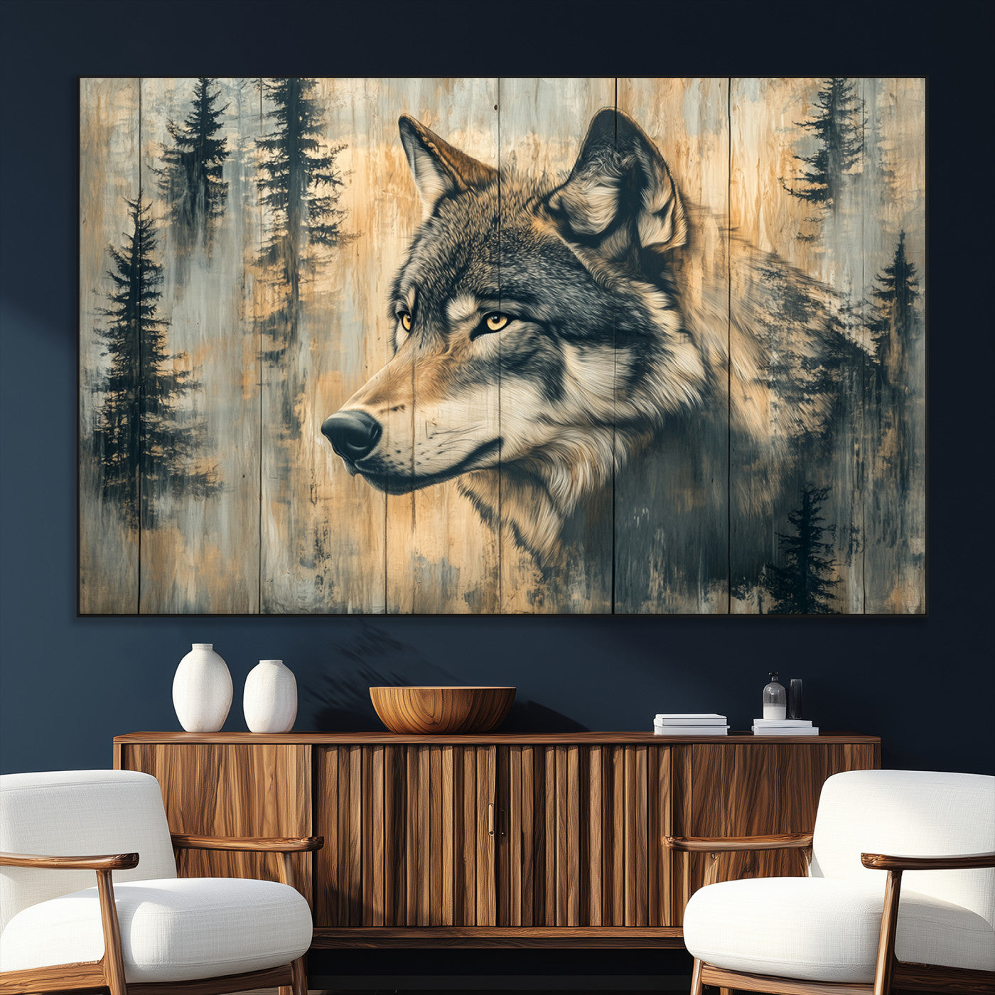 SEG-FC-51X34_Oversize - Wood Style Rustic Wolf Wall Art Canvas Print, Vintage Woodland Wolf Wall Art, Framed Wood Style Wolf