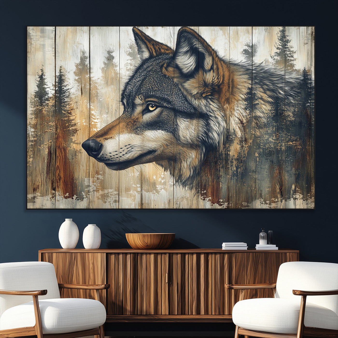 SEG-FC-51X34_Oversize - Rustic Wolf Wall Art Canvas Print, Vintage Woodland Wolf Wall Art