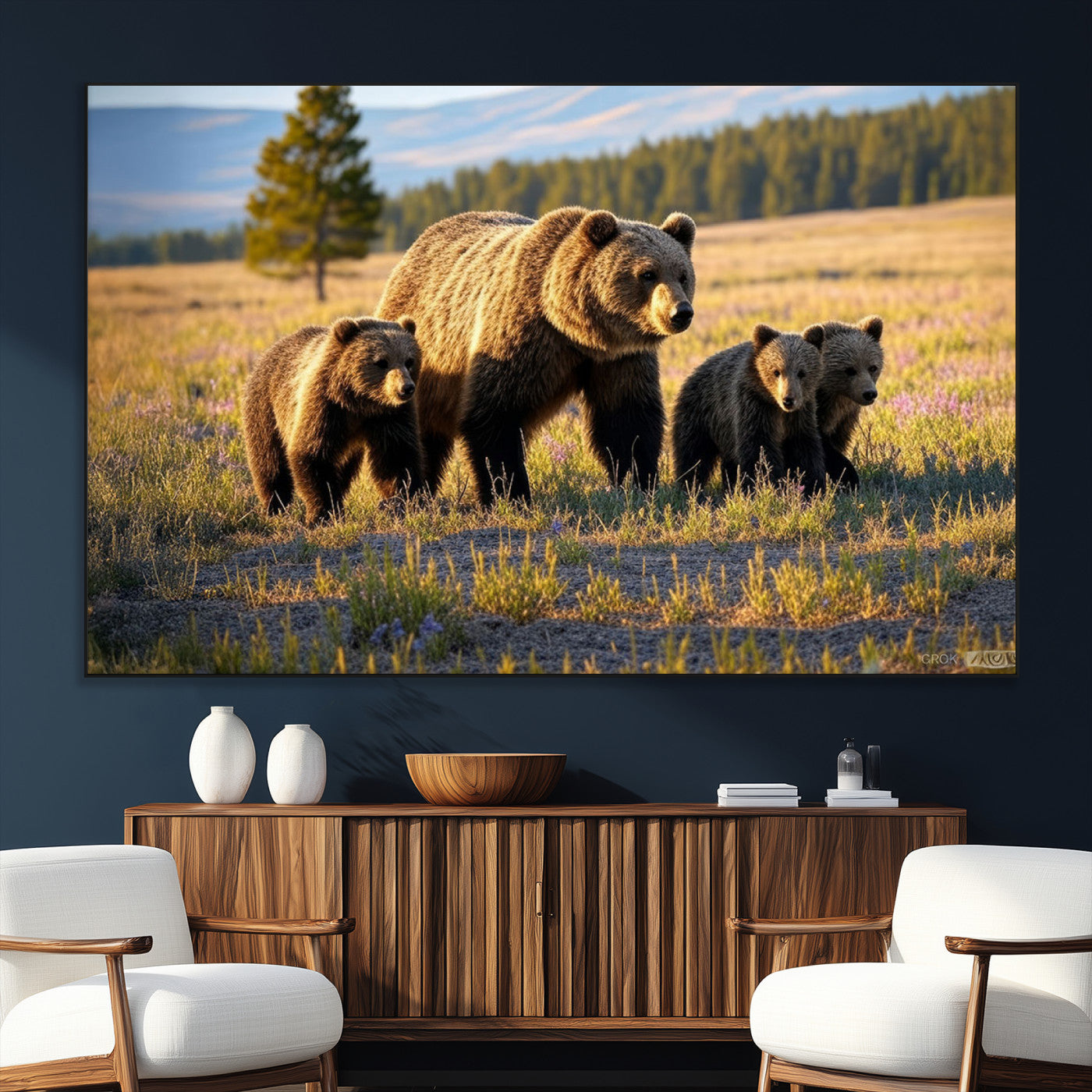 SEG-FC-51X34_Oversize - Grizzly 399 in Wild Flowers Wall Art Canvas Print, Grizzly Bears Wall Art, Queen of Grand Teton
