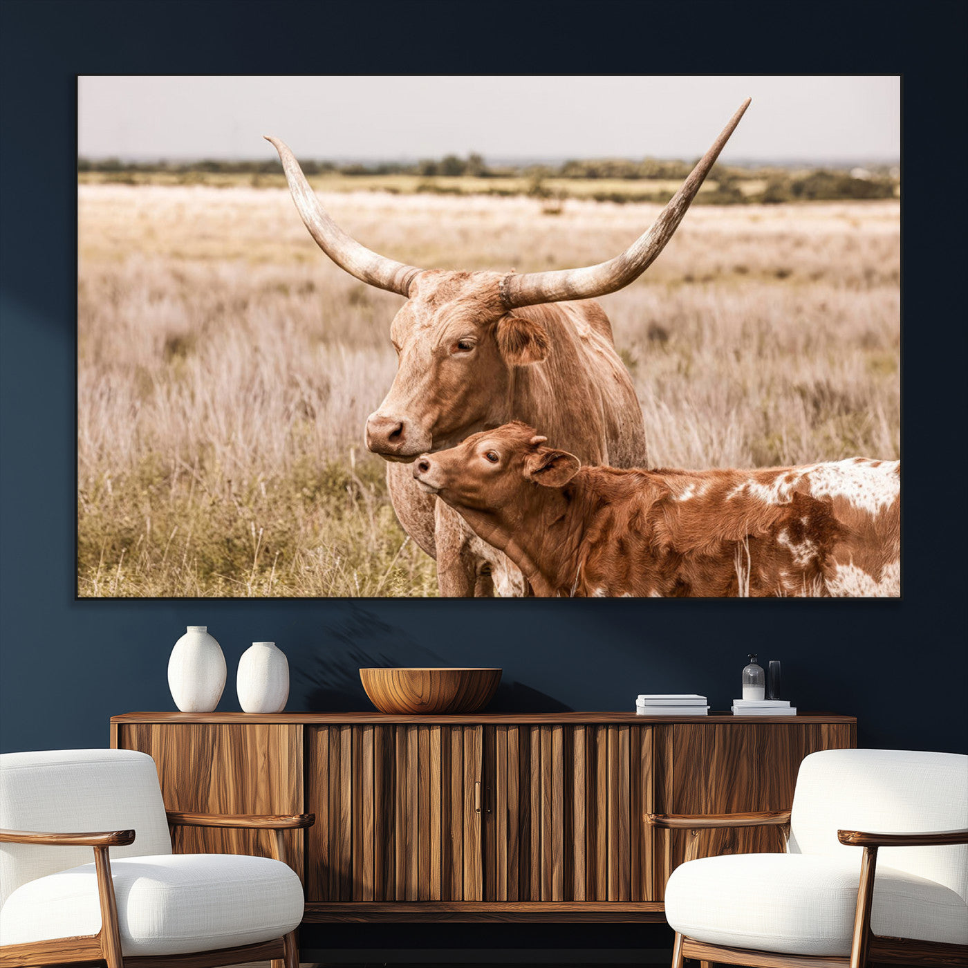SEG-FC-51X34_Oversize - Texas Longhorn Cow Wall Art Canvas Print for Farmhouse Wall Art, Texas Decor, Western Wall Art Print