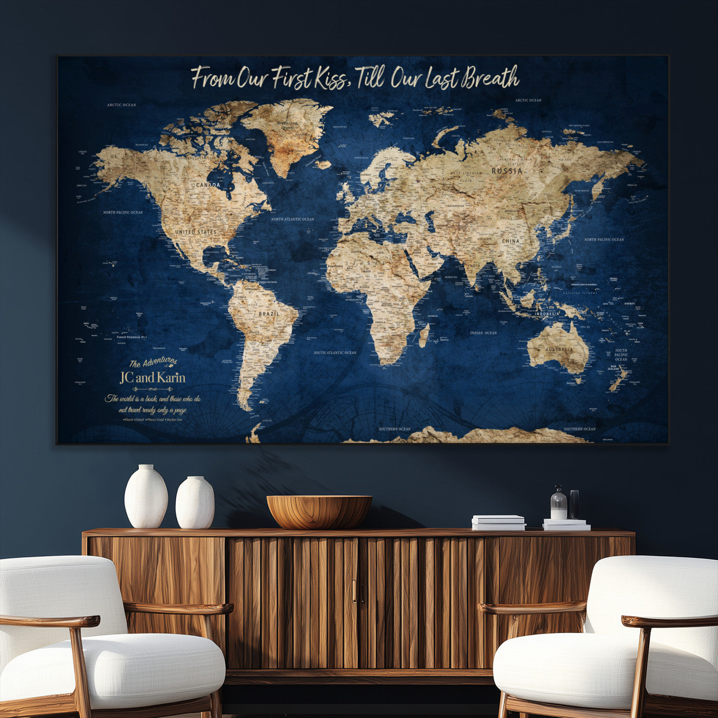 SEG-FC-51X34_Oversize - Push Pin World Map Canvas Print – Framed Wall Art for Couples to Track Their Travels – Anniversary