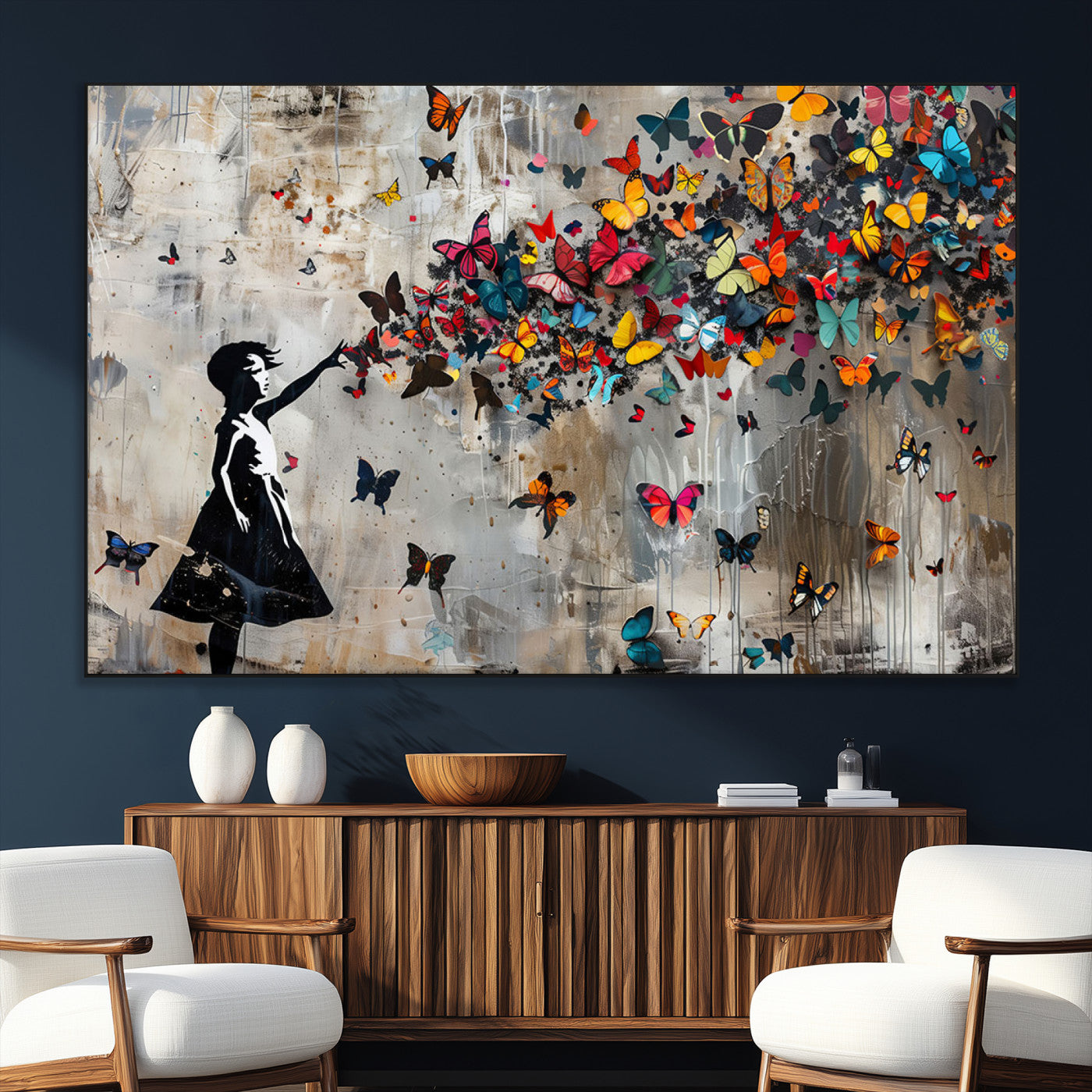 SEG-FC-51X34_Oversize - Framed Banksy Butterfly Girl Wall Art ,3-Piece Butterfly Girl Canvas, Modern Graffiti Canvas Print
