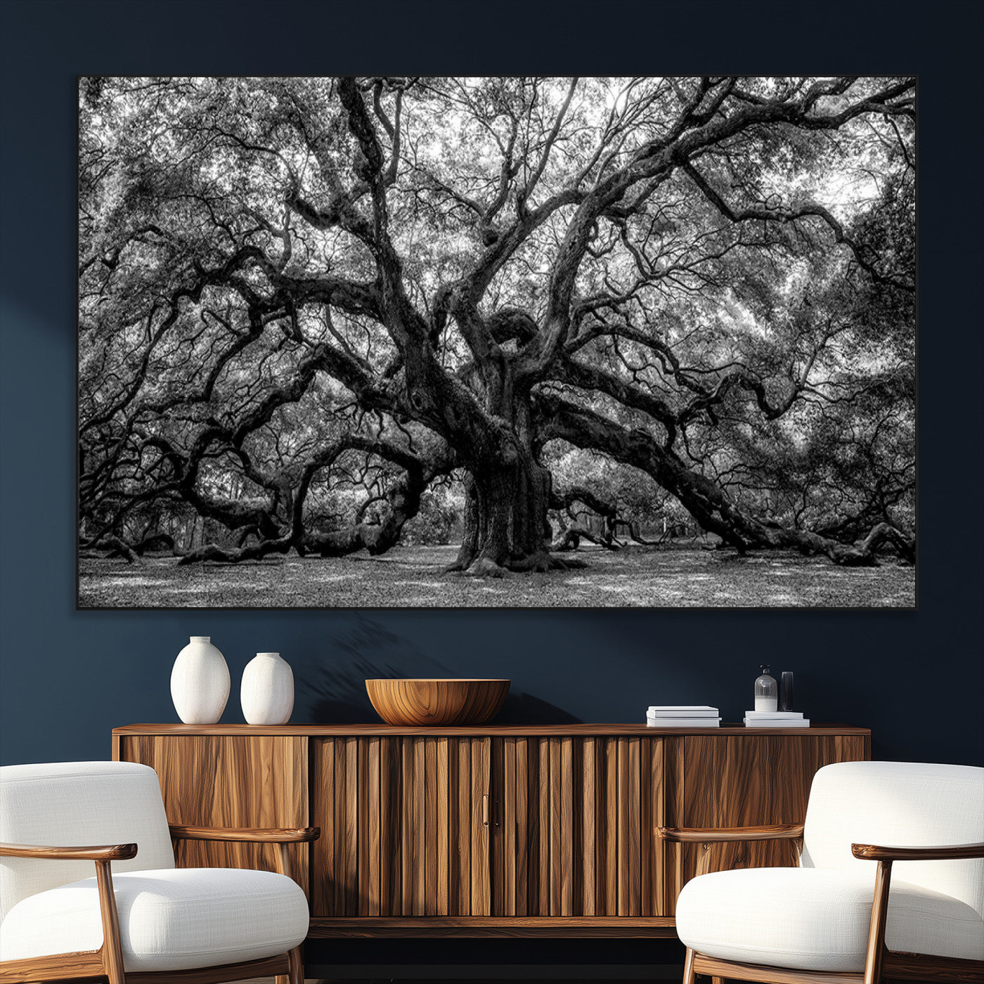 SEG-FC-51X34_Oversize - Black and White Old Angel Oak Tree Wall Art Canvas Print