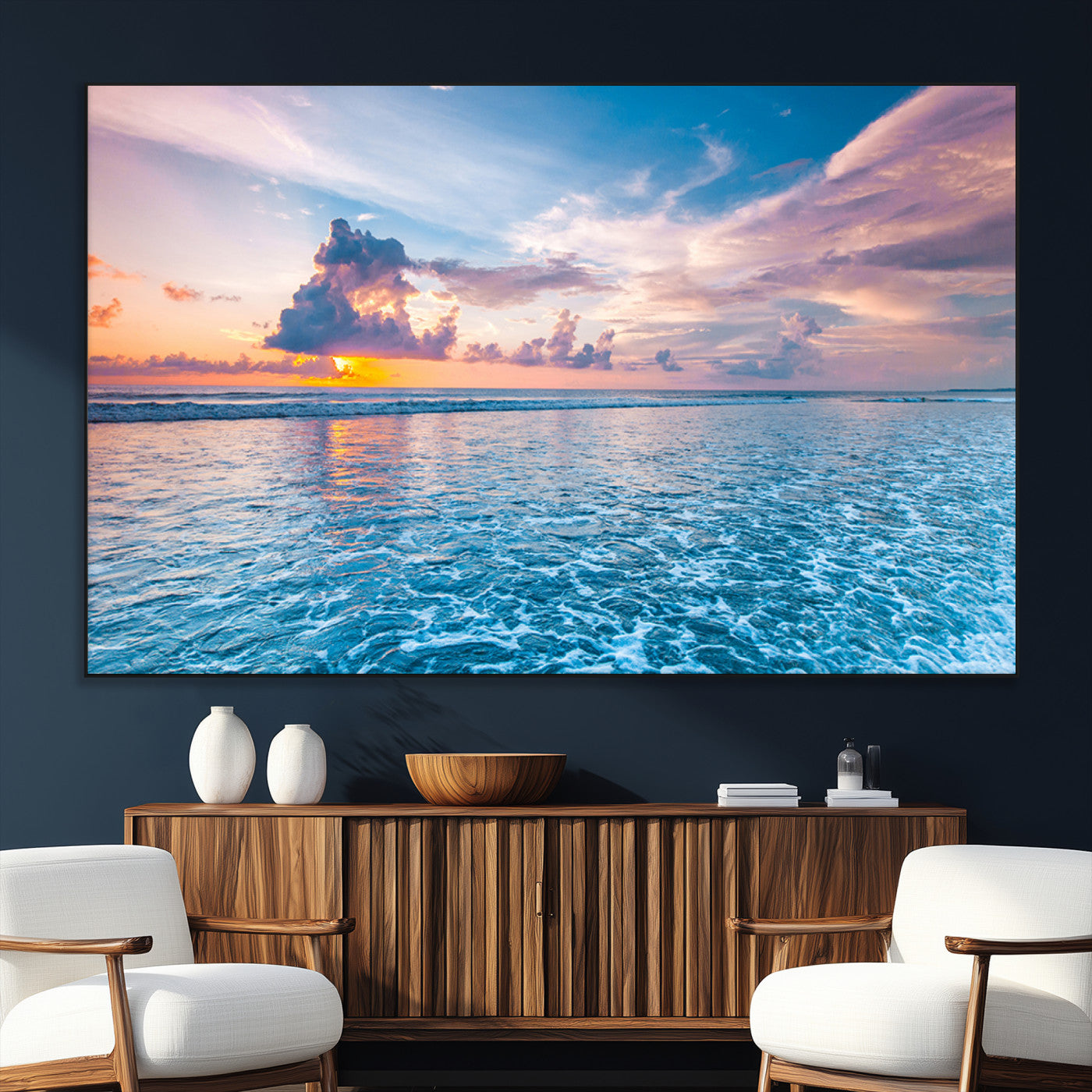 SEG-FC-51X34_Oversize - Ocean Sunset Canvas Wall Art Print - Tranquil Seascape with Vibrant Sky and Rolling Waves Canvas