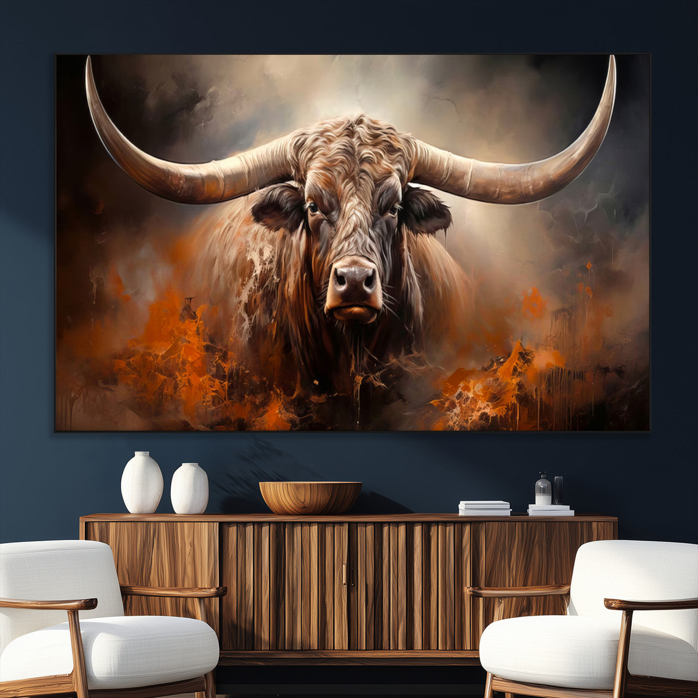 SEG-FC-51X34_Oversize - Highland Bull Canvas Abstract Canvas Wall Art Print – Powerful Highland Bull with Striking Horns in