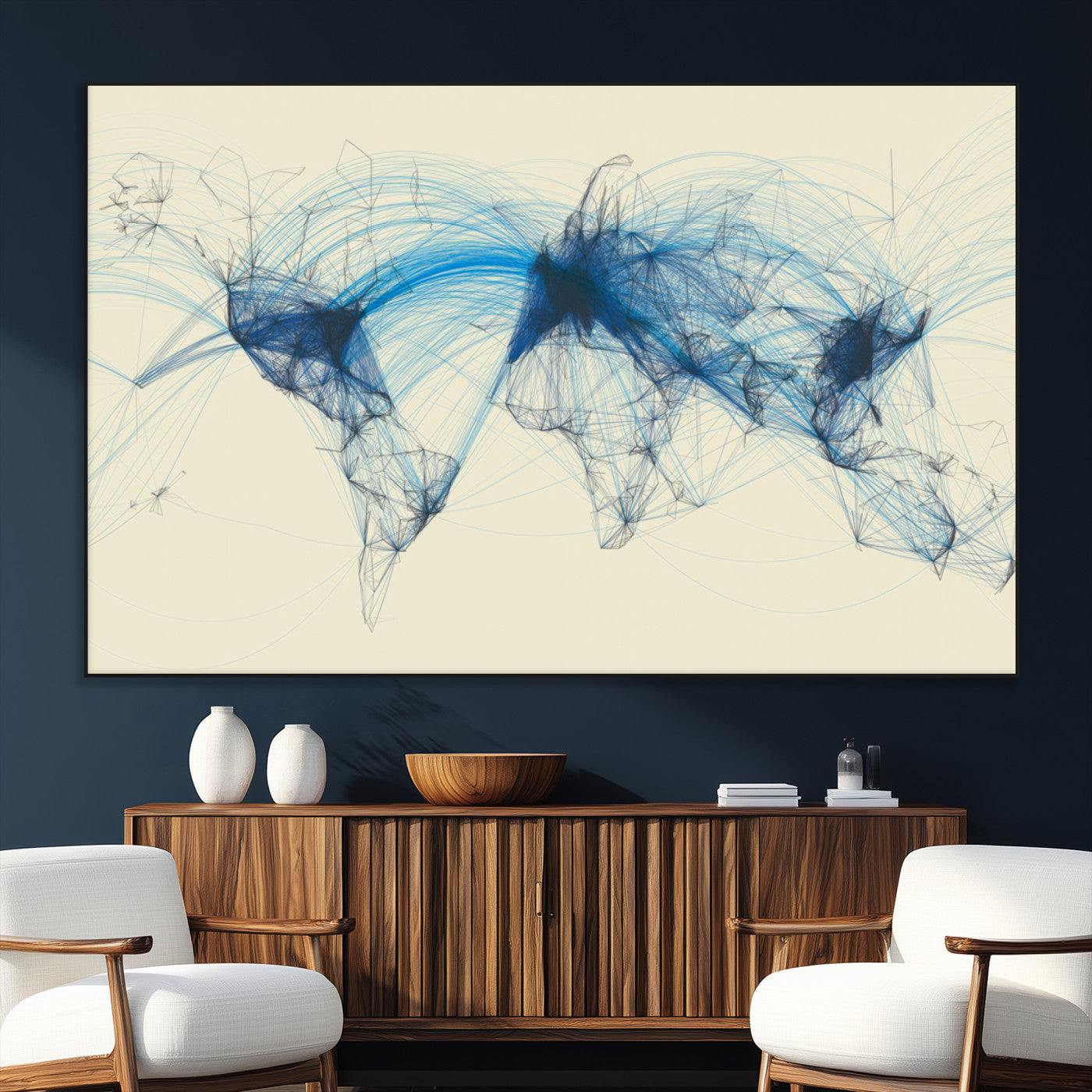 SEG-FC-51X34_Oversize - Flight Routes Map art Air Traffic Avi World Map with Blue Connections Canvas Wall Art – Modern