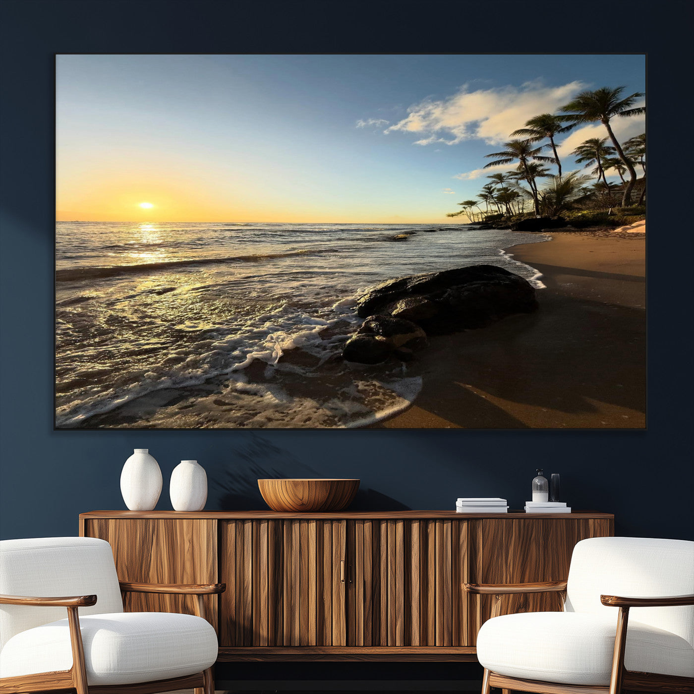 SEG-FC-51X34_Oversize - Tropical Beach Wall Art - Stunning Ocean Sunset Canvas Print with Palm Tree Design for Relaxing and
