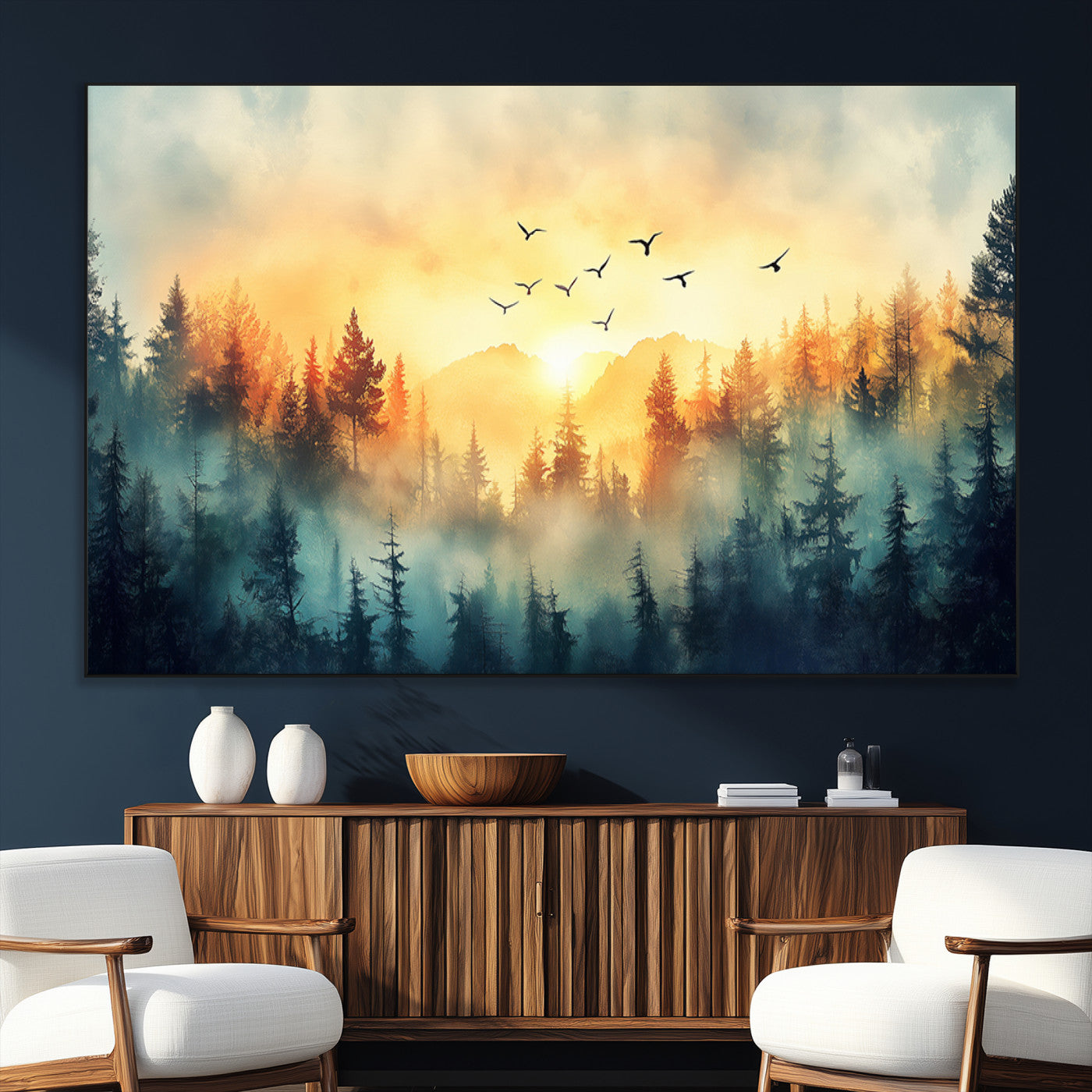 SEG-FC-51X34_Oversize - Abstract Forest Wall Art Print- Serene Nature Canvas Print with Misty Forest Design for Modern Home