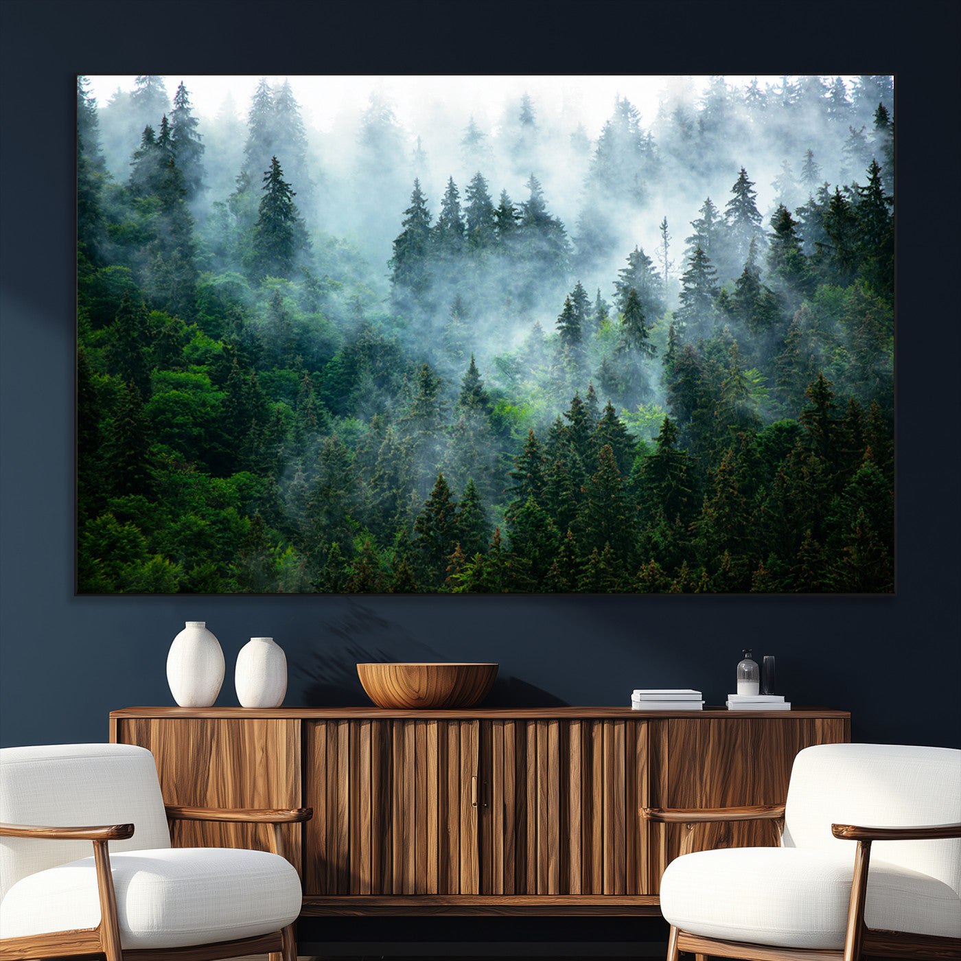 SEG-FC-51X34_Oversize - Misty Forest Art Wall Art Canvas Print, Framed Foggy Mountain Art Art Picture Print, Scenic Wall
