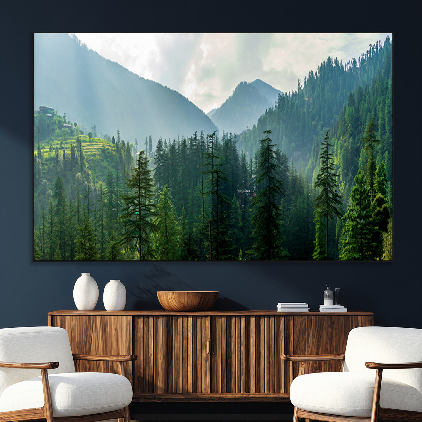SEG-FC-51X34_Oversize - Misty Forest Mountain Canvas Print – Serene Nature Wall Art, Tranquil Valley