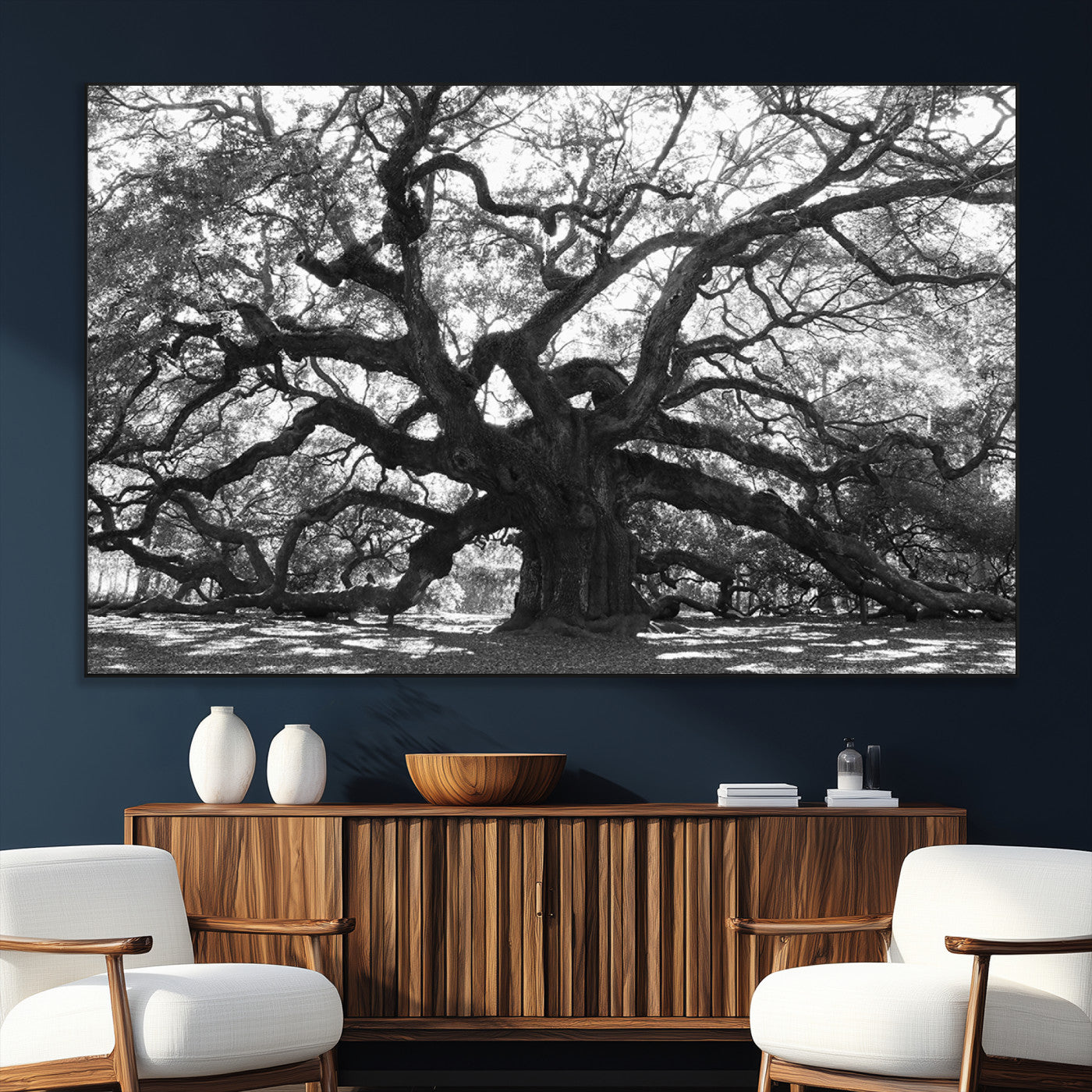 SEG-FC-51X34_Oversize - Ancient Oak Wall Art Canvas Print, Framed Twisted Branches Art Picture Print, Gnarled Tree Perfect Moody Nature Decor Artwork