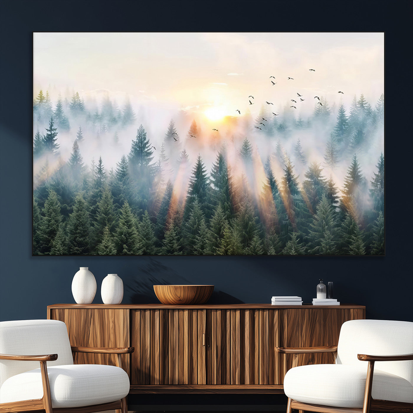 SEG-FC-51X34_Oversize - Misty Pine Forest Wall Art Canvas, Sunrise Over Foggy Trees Canvas for Home - Office, Framed