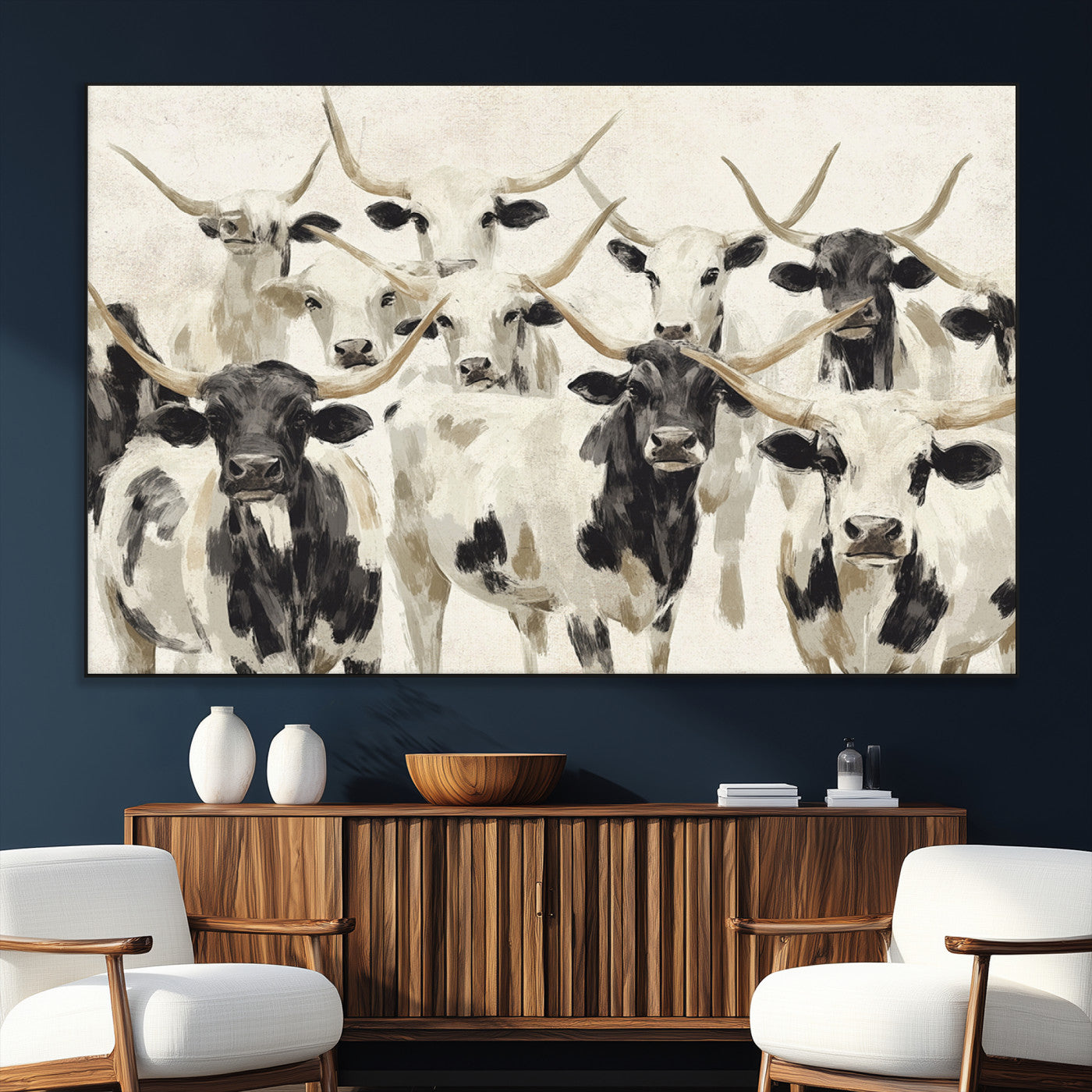 SEG-FC-51X34_Oversize - Longhorn Texas Cow Drawing Abstract Wall Art Canvas Print for Farmhouse Decor, Texas Bull Printing