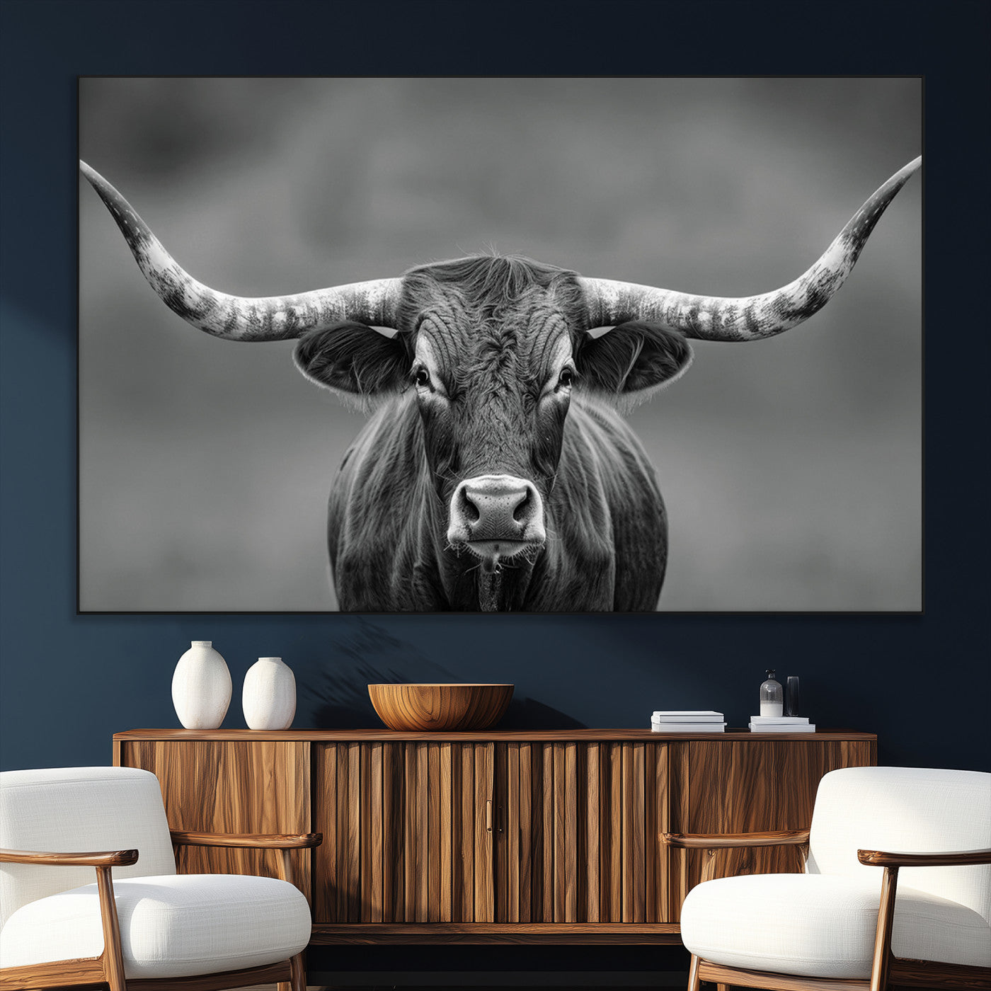 SEG-FC-51X34_Oversize - Framed Texas Longhorn Bull Art Canvas Print, Western Bull Wall Art Print, Long Horn Bull Photo Print