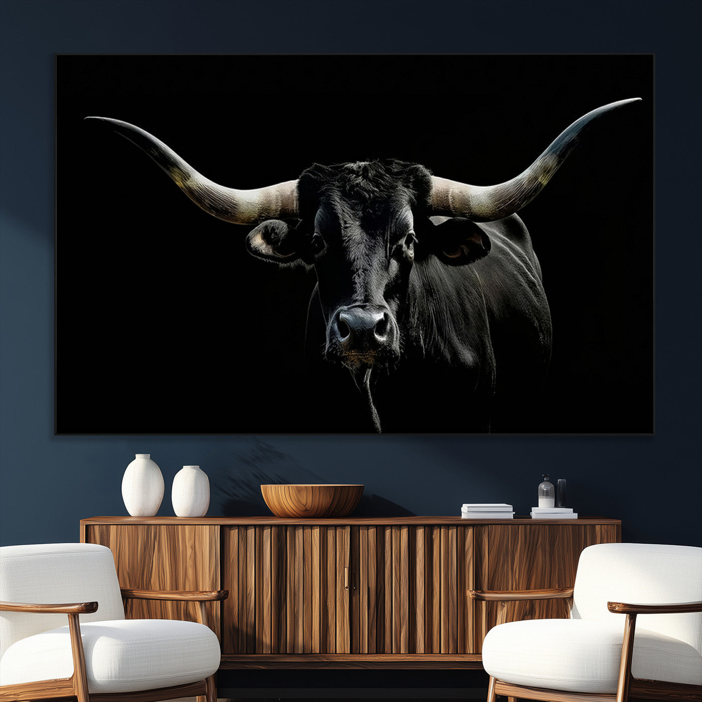 SEG-FC-51X34_Oversize - Texas Black Bull Wall Art Print, Longhorn Bull Canvas Wall Art