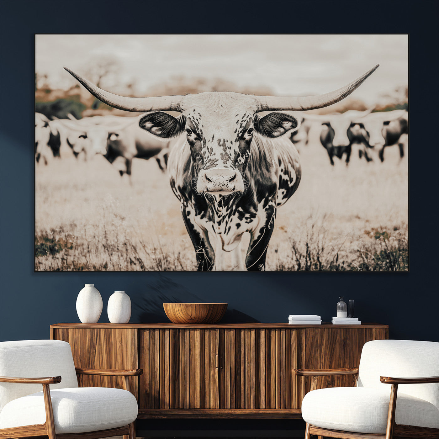 SEG-FC-51X34_Oversize - Texas Longhorn Wall Art Canvas Print, Framed Speckled Cow Art Picture Print, Horned Cattle Perfect Rustic Western Decor Artwork