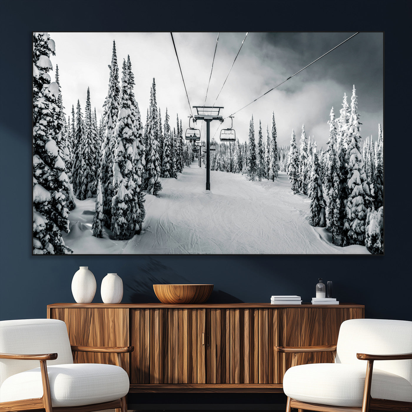 SEG-FC-51X34_Oversize - Snowy Pines Wall Art Canvas Print, Framed Ski Lift Art Picture Print, Winter Forest Perfect Moody Lodge Decor Artwork