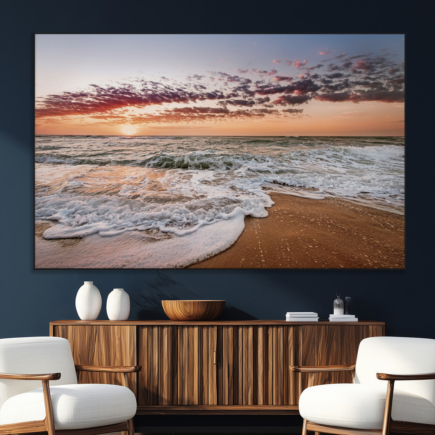 SEG-FC-51X34_Oversize - Ocean Sunset Wall Art Canvas Print, Framed Sandy Shore Art Picture Print, Gentle Waves Perfect Minimalist Coastal Decor Artwork