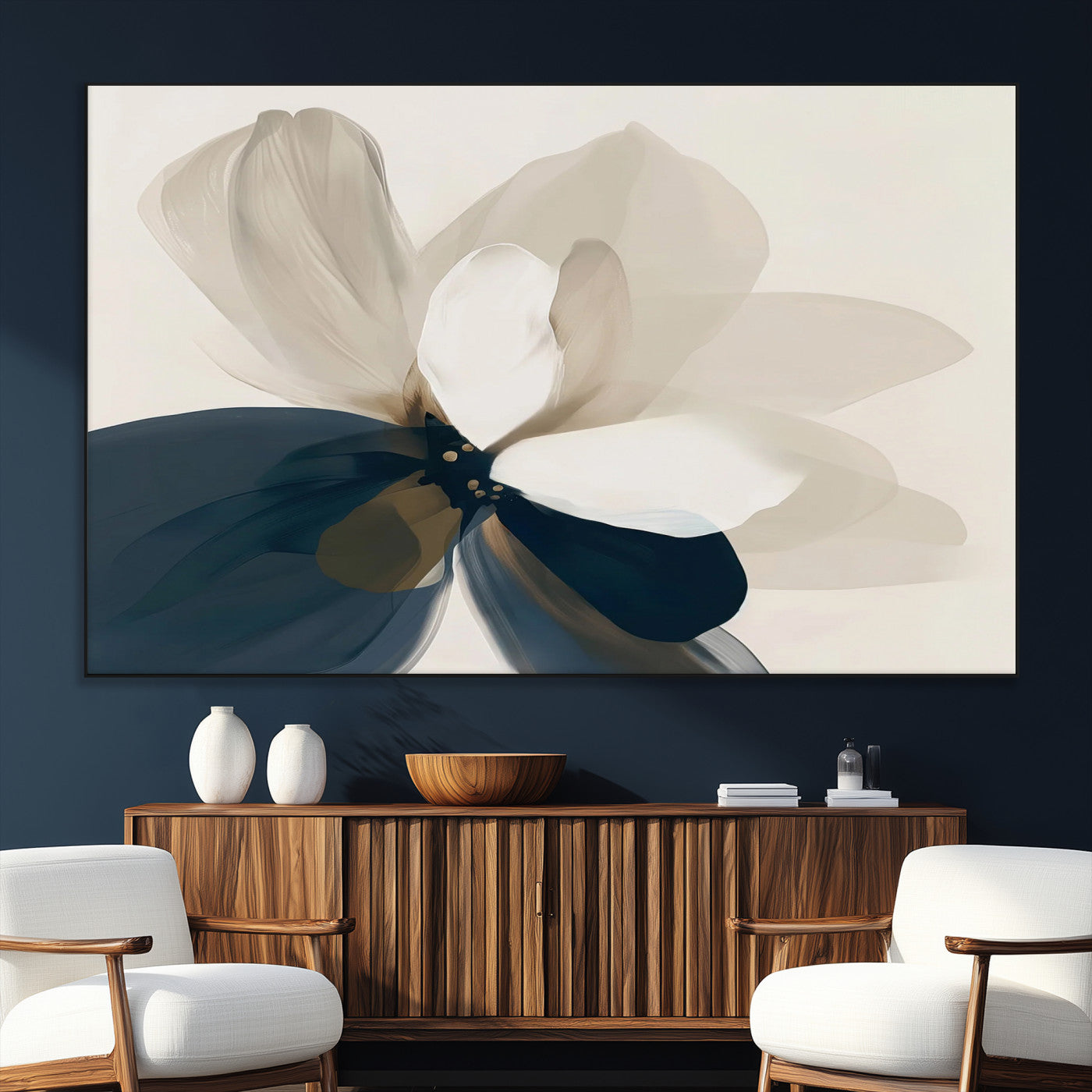 SEG-FC-51X34_Oversize - Minimal Flower Wall Art Canvas Print, Framed Flower Drawing Art Picture Print, Beige Bloom Perfect Modern Botanical Decor Artwork