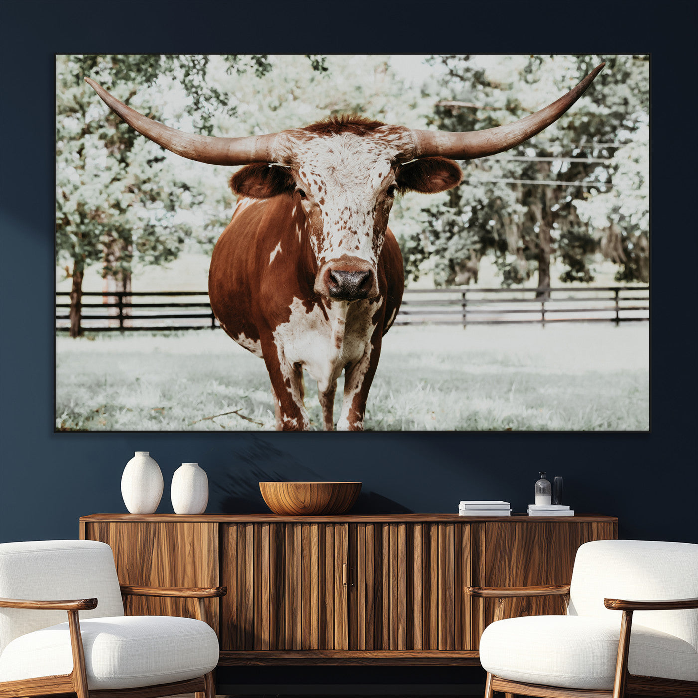 SEG-FC-51X34_Oversize - Texas Longhorn Wall Art Canvas Print, Framed Spotted Cow Art Picture Print, Horned Cattle Perfect Rustic Western Decor Artwork