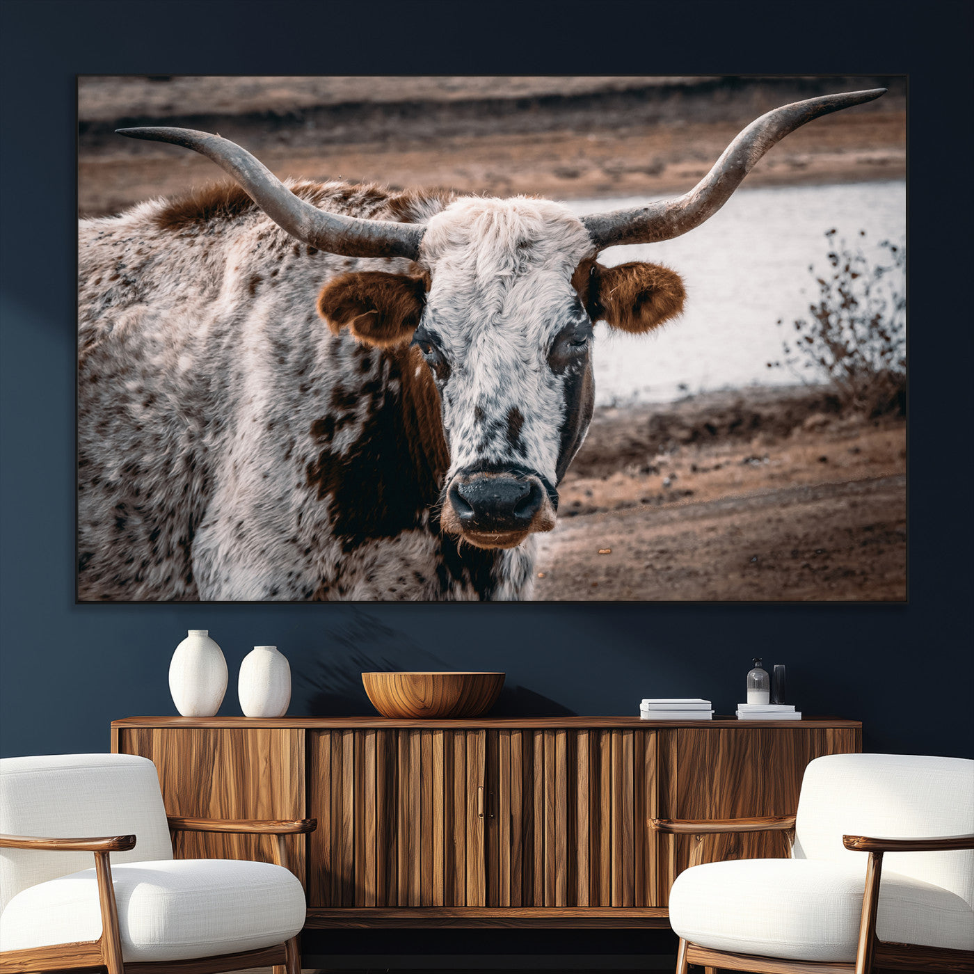 SEG-FC-51X34_Oversize - Texas Longhorn Wall Art Canvas Print, Framed Spotted Cow Art Picture Print, Horned Cattle Perfect Rustic Western Decor Artwork