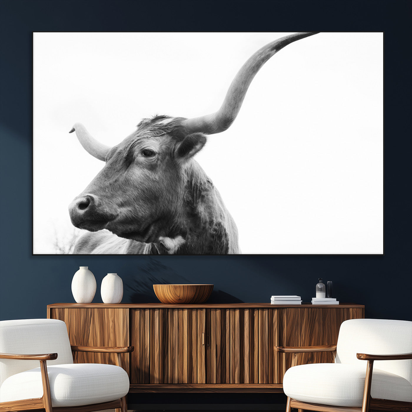 SEG-FC-51X34_Oversize - Longhorn Wall Art Wall Art Canvas Print, Framed Modern Ranch Style Art Art Picture Print, Monochrome Cow Print Perfect Rustic Western Decor Artwork