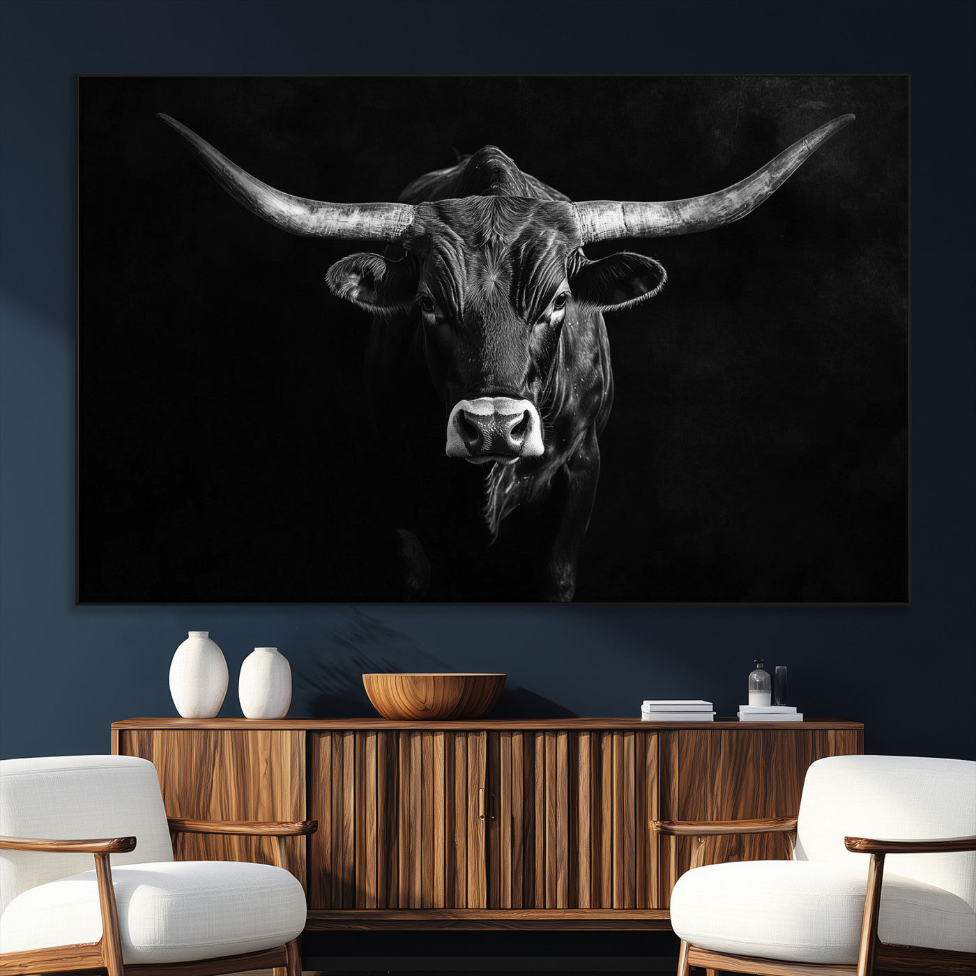 SEG-FC-51X34_Oversize - Texas Longhorn Wall Art Canvas Print, Framed Monochrome Bull Art Picture Print, Horned Bull Perfect Rustic Western Decor Artwork