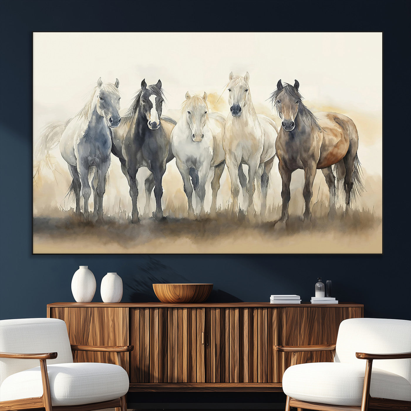 SEG-FC-51X34_Oversize - Wild Horses Wall Art Canvas Print, Framed Running Horses Art Picture Print, Watercolor Horses Perfect Rustic Western Decor Artwork