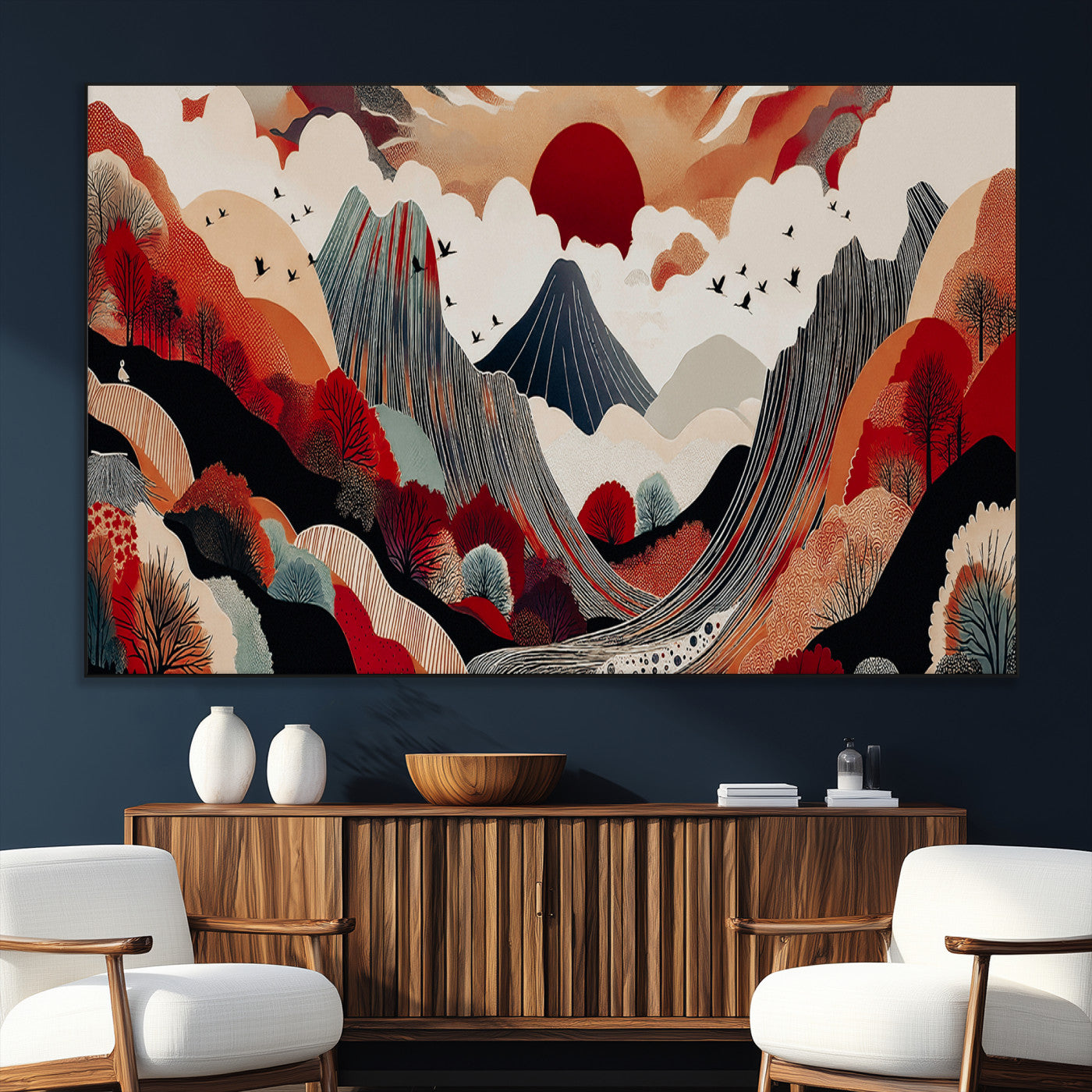 SEG-FC-51X34_Oversize - Abstract Mountain Wall Art Canvas Print, Framed Vibrant Landscape Art Picture Print, Stylized Nature Drawing Perfect Contemporary Minimalist Decor Artwork
