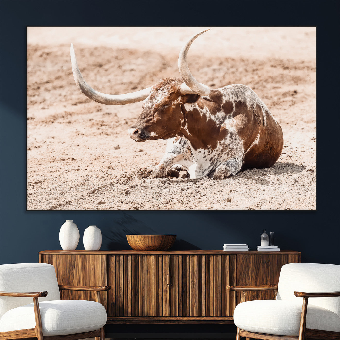 SEG-FC-51X34_Oversize - Texas Longhorn Wall Art Canvas Print, Framed Resting Bull Art Picture Print, Spotted Cattle Perfect Rustic Western Decor Artwork