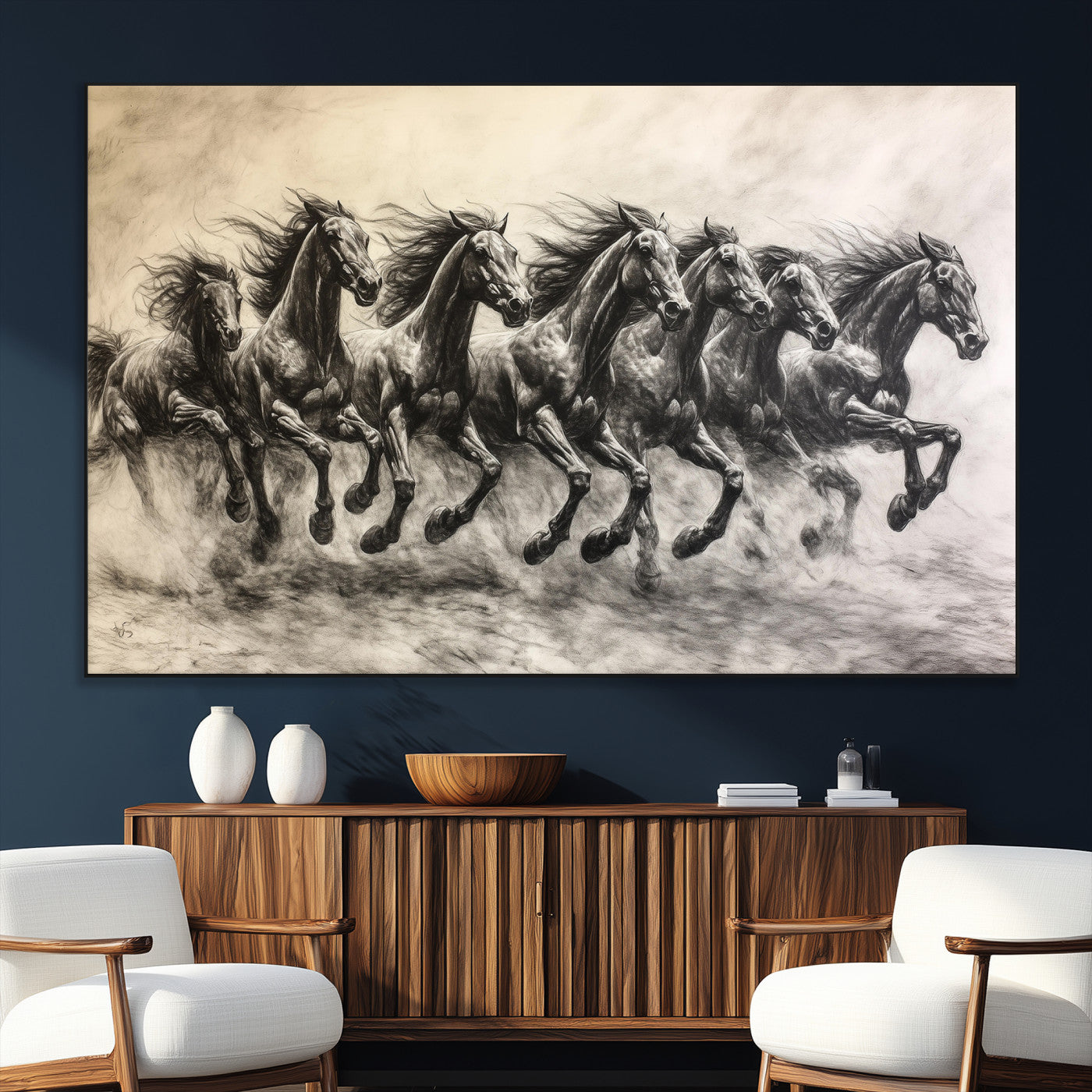 SEG-FC-51X34_Oversize - Galloping Horses Wall Art Canvas Print, Framed Wild Stallions Art Picture Print, Horse Herd Sketch Perfect Monochrome Dynamic Decor Artwork