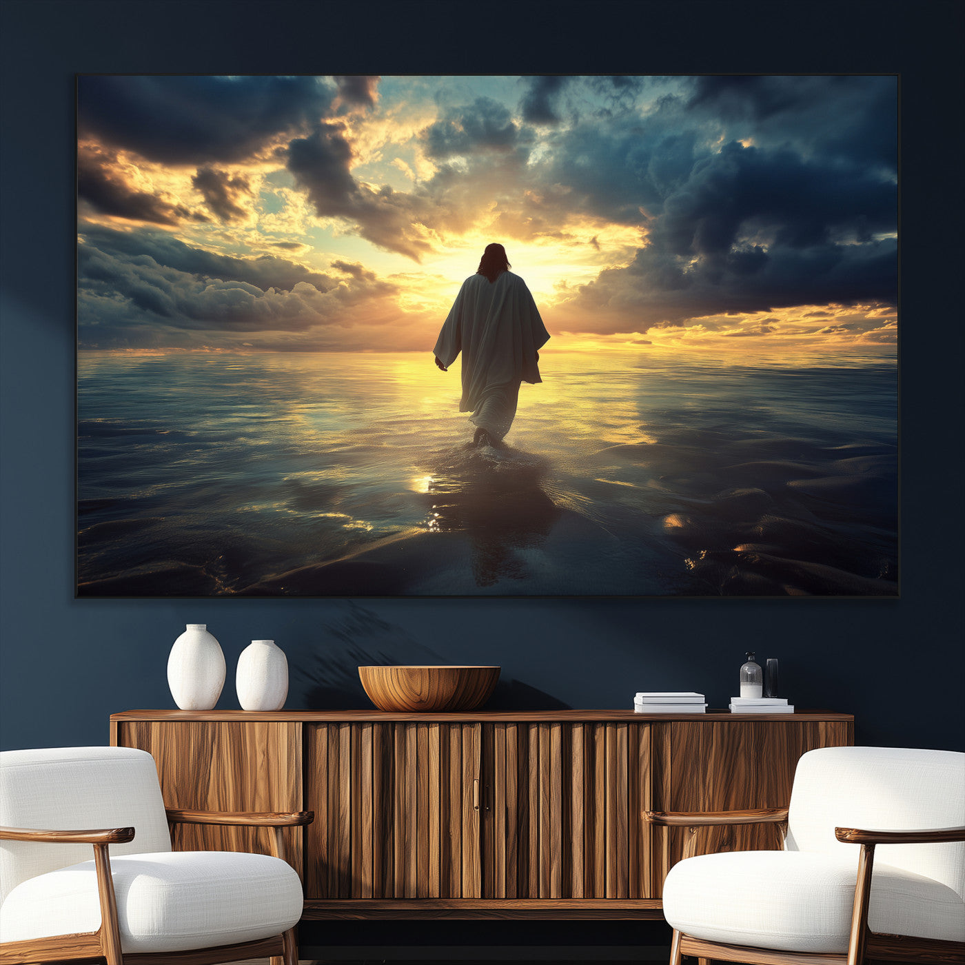 SEG-FC-51X34_Oversize - Jesus Walks Wall Art Canvas Print, Framed Divine Sunset Art Picture Print, Spiritual Light Perfect Spiritual Tranquil Decor Artwork