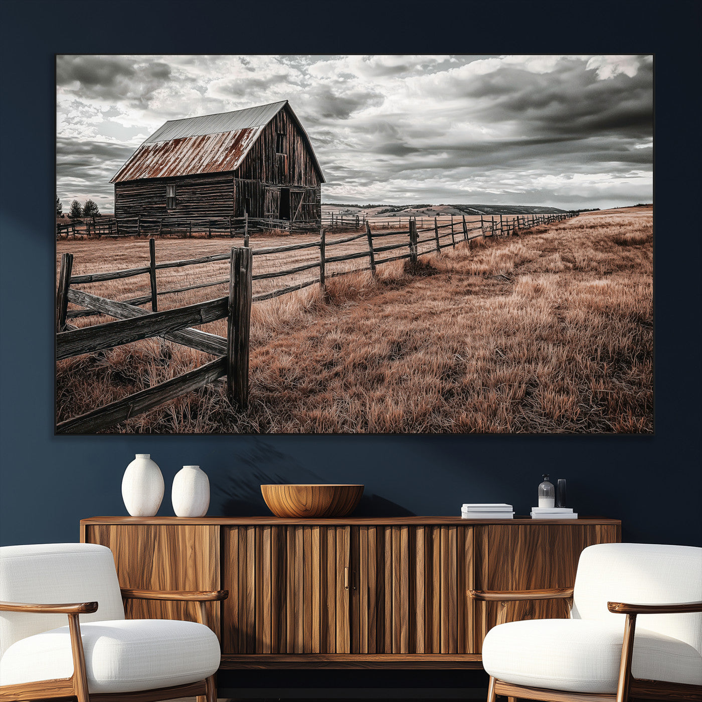 SEG-FC-51X34_Oversize - Rustic Barn Wall Art Canvas Print, Framed Moody Field Art Picture Print, Weathered Fence Perfect Moody Farmhouse Decor Artwork