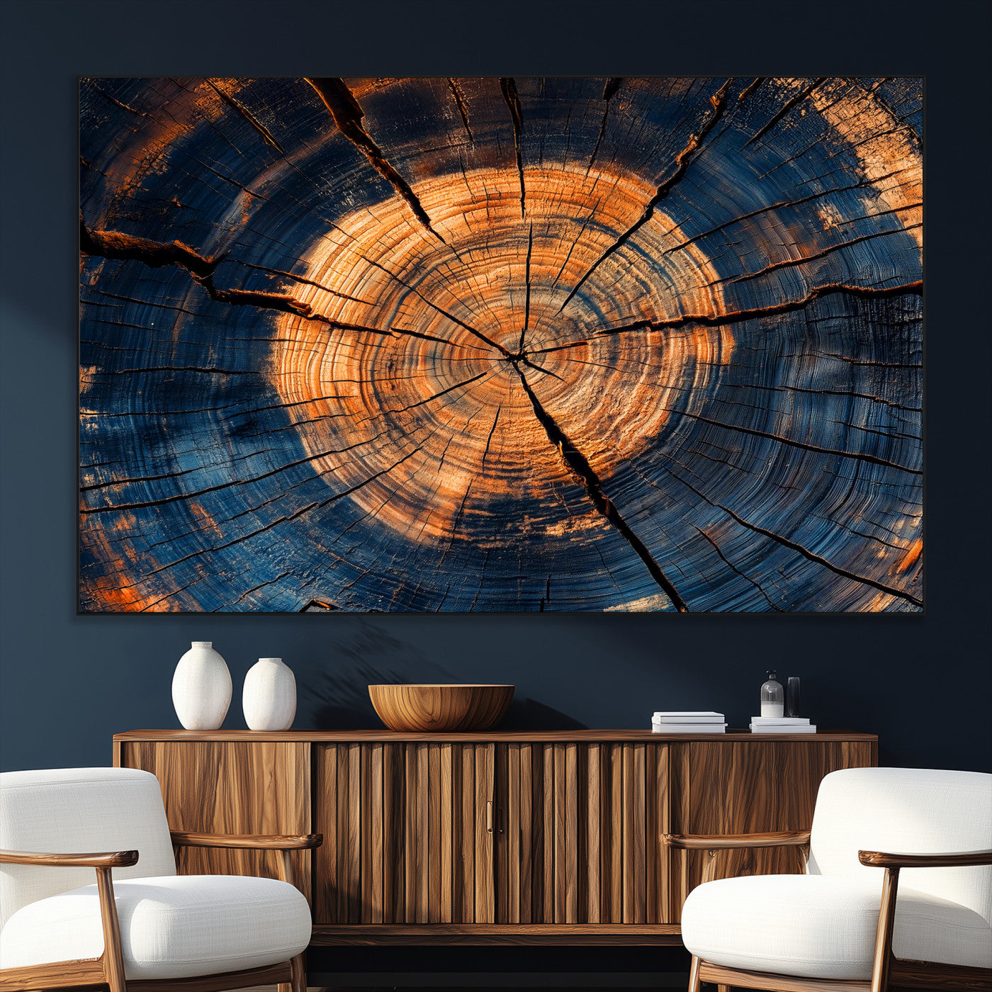 SEG-FC-51X34_Oversize - Burnt Wood Wall Art Canvas Print, Framed Aged Timber Art Picture Print, Rustic Tree Slice Perfect Rustic Decor Artwork