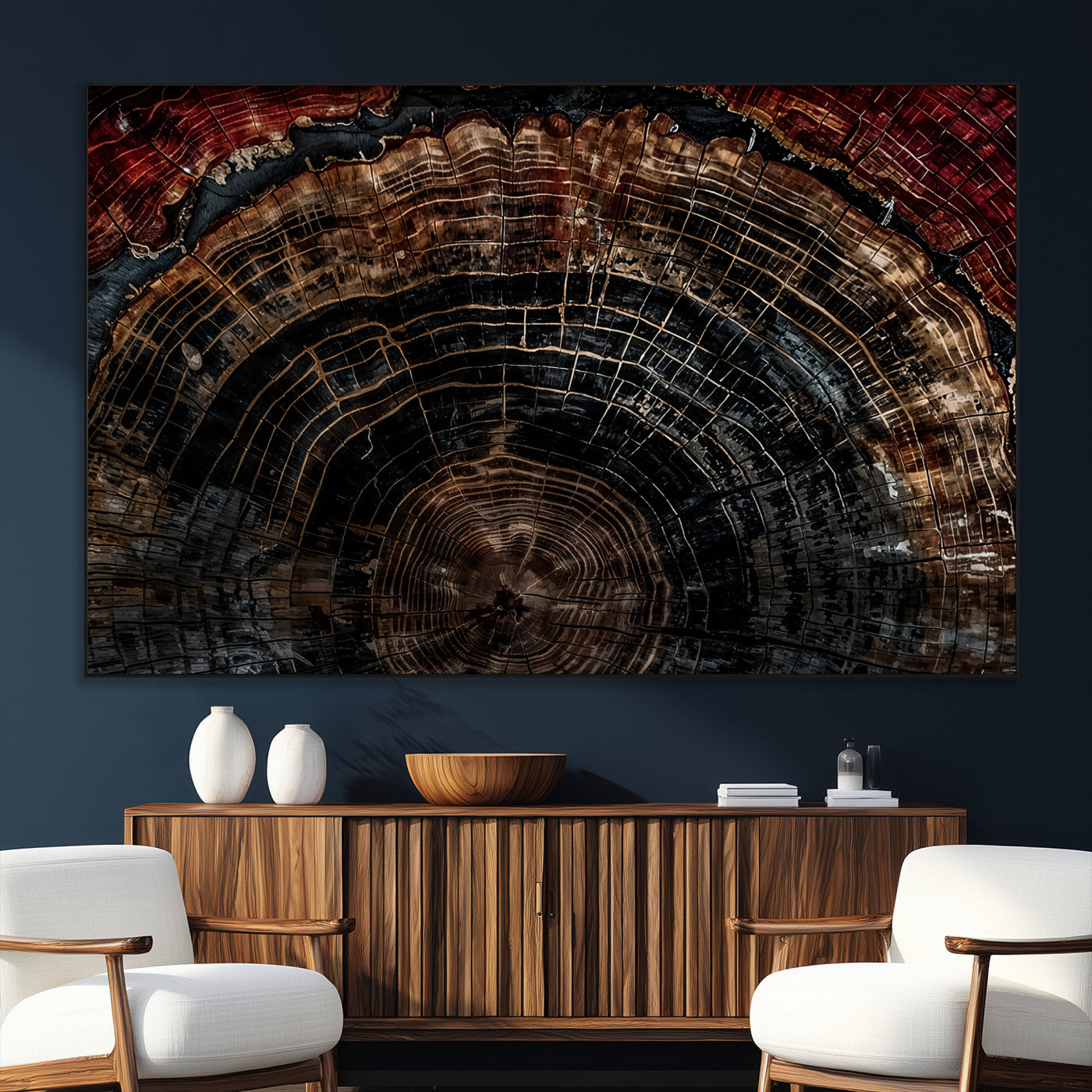 SEG-FC-51X34_Oversize - Dark Wood Ring Wall Art Canvas Print, Framed Abstract Wood Tree Art Picture Print, Rustic Tree Slice Perfect Rustic Decor Artwork