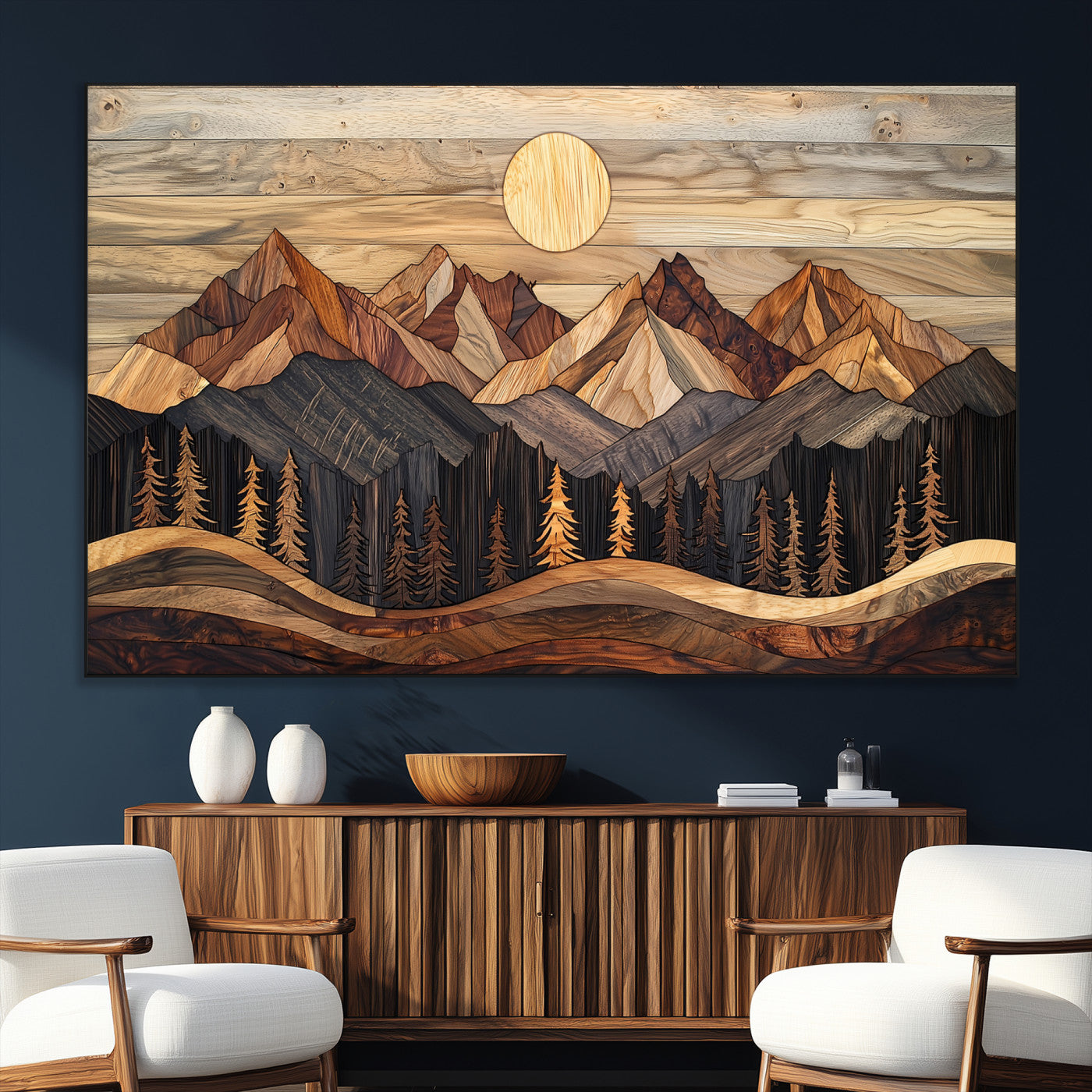 SEG-FC-51X34_Oversize - Wood Mountain Wall Art Canvas Print, Framed Boho Wood Art Picture Print, Abstract Woodland Perfect Farmhouse Decor Artwork