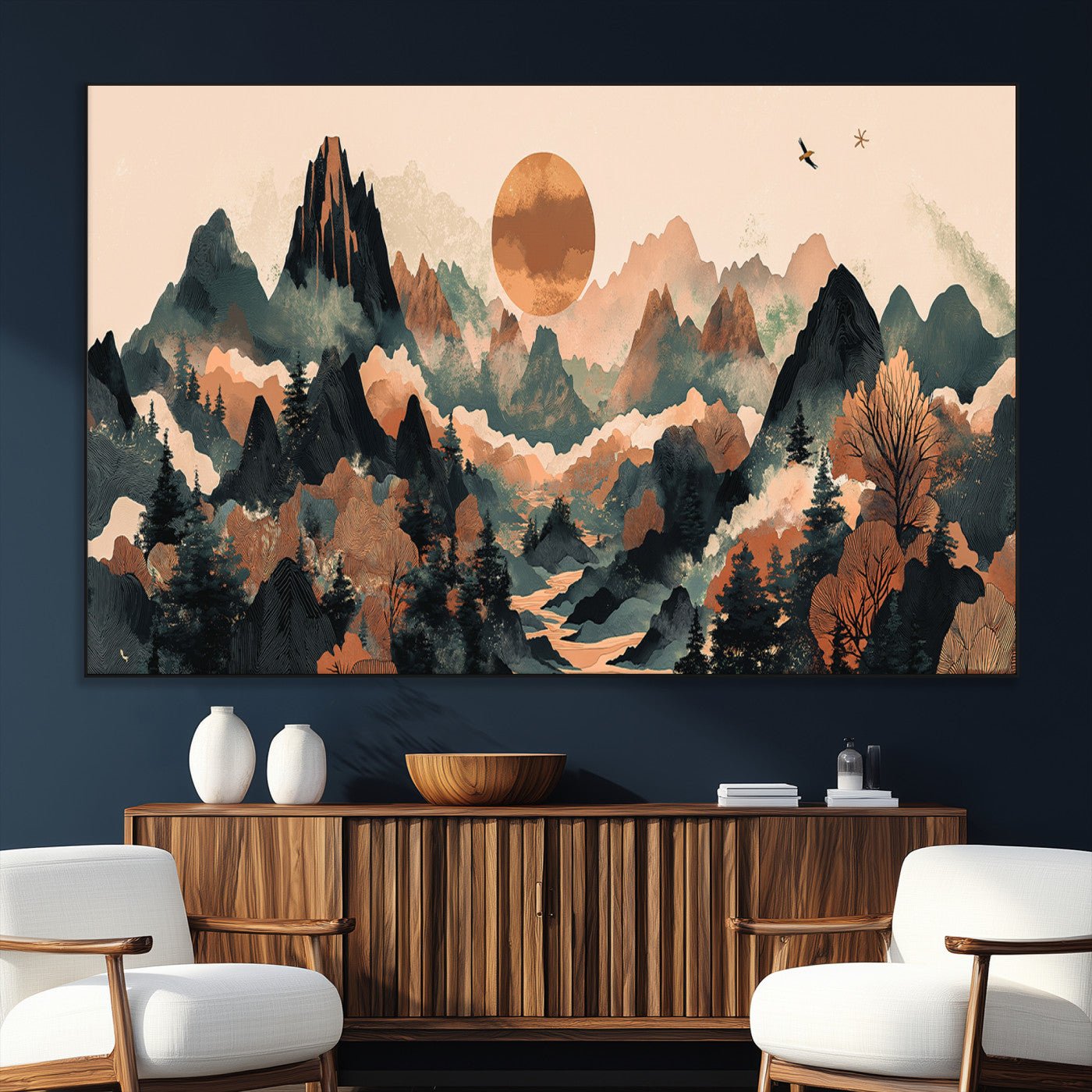 SEG-FC-51X34_Oversize - Wood Mountain Landscape Wall Art Canvas Print, Framed Sunset Hills Art Picture Print, Abstract Nature Perfect Boho Decor Artwork