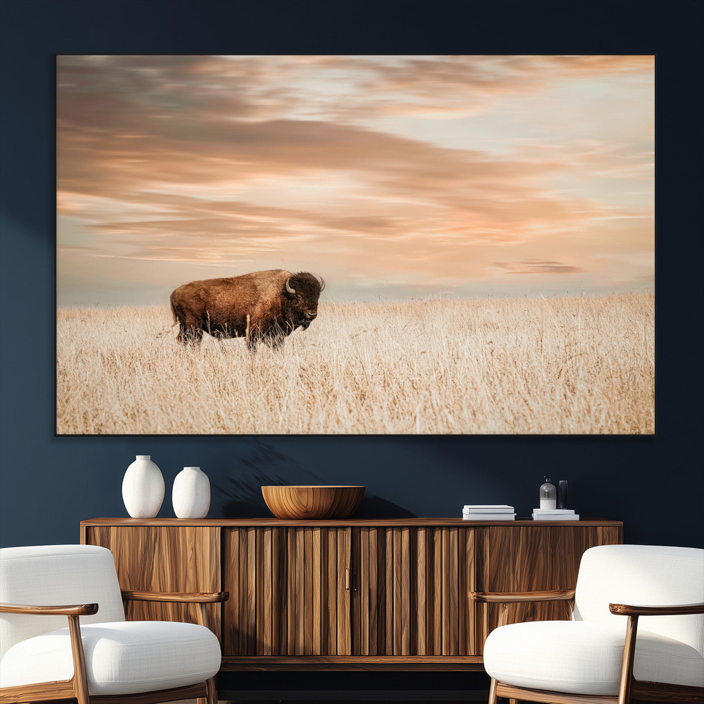 SEG-FC-51X34_Oversize - Bison Wall Art Canvas Print, Framed Buffalo Art Picture Print, Western Prairie Perfect Rustic Decor Artwork