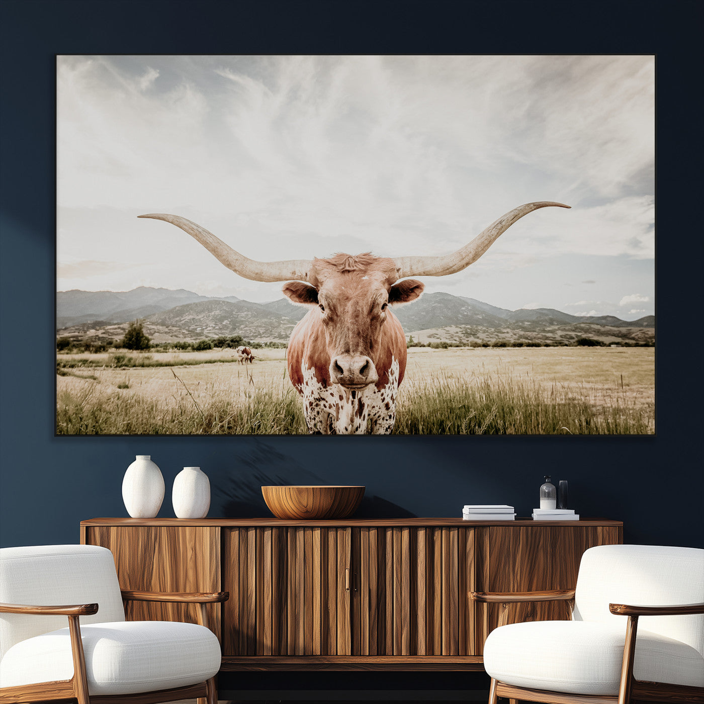 SEG-FC-51X34_Oversize - Texas Longhorn Wall Art Canvas Print, Framed Western Cow Art Picture Print, Rustic Farmhouse Perfect Farmhouse Decor Artwork