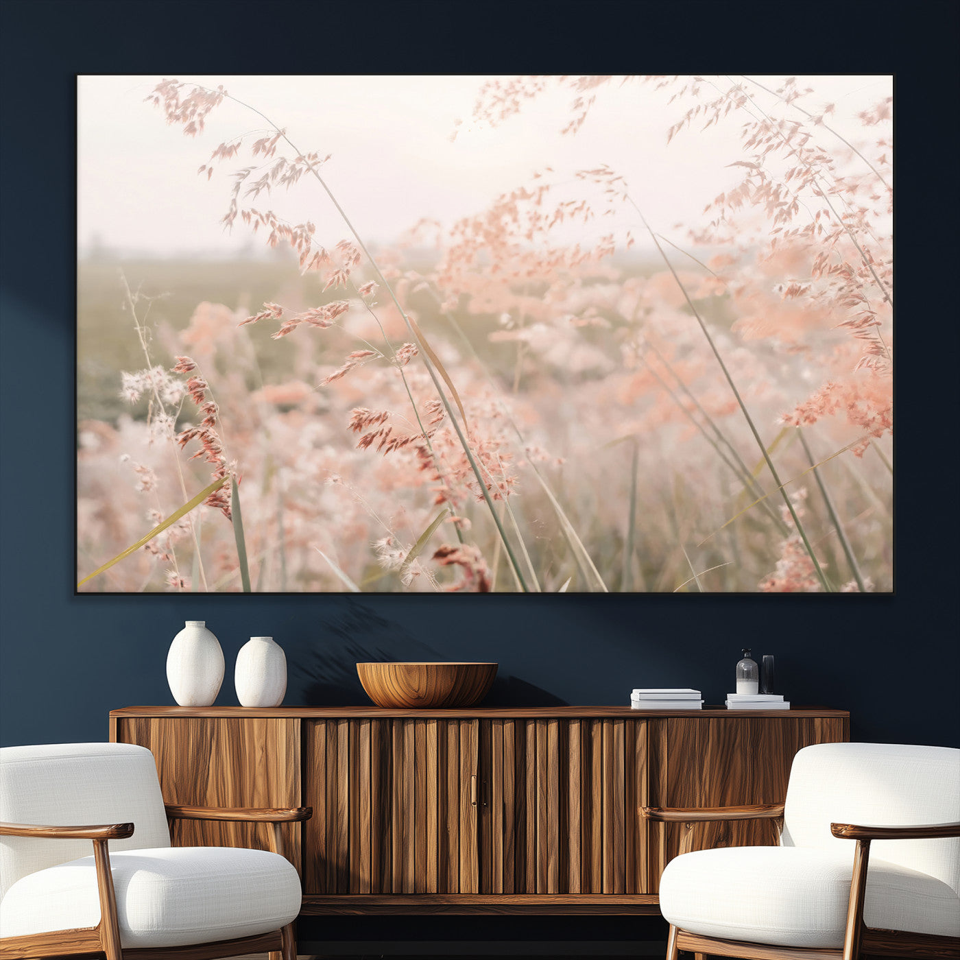SEG-FC-51X34_Oversize - Pastel Grasses Wall Art Canvas Print, Framed Soft Meadow Art Picture Print, Field in Breeze Perfect Soft Pastel Minimal Decor Artwork