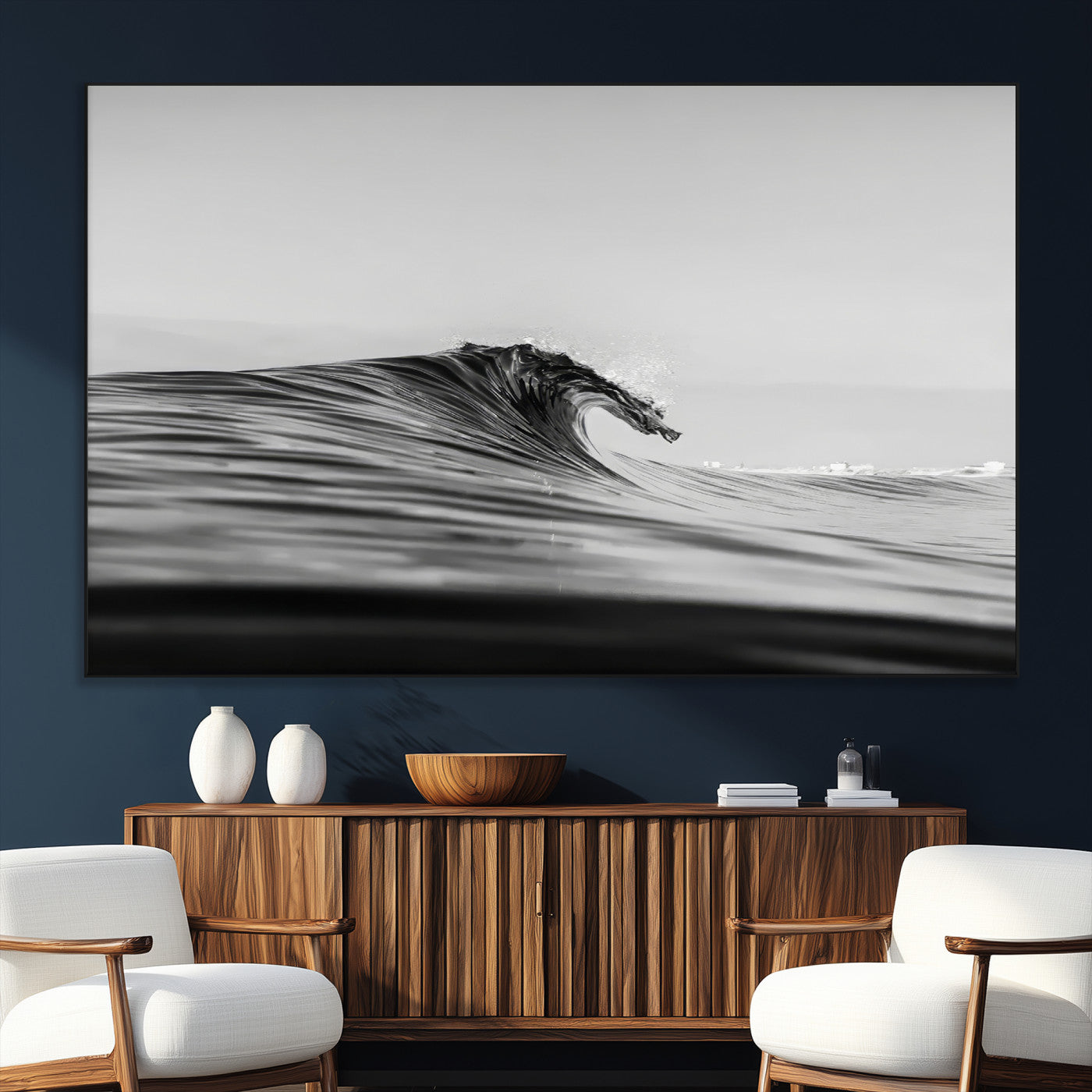 SEG-FC-51X34_Oversize - Black Wave Wall Art Canvas Print, Framed Abstract Surf Art Picture Print, Minimalist Ocean Perfect Minimalist Coastal Decor Artwork