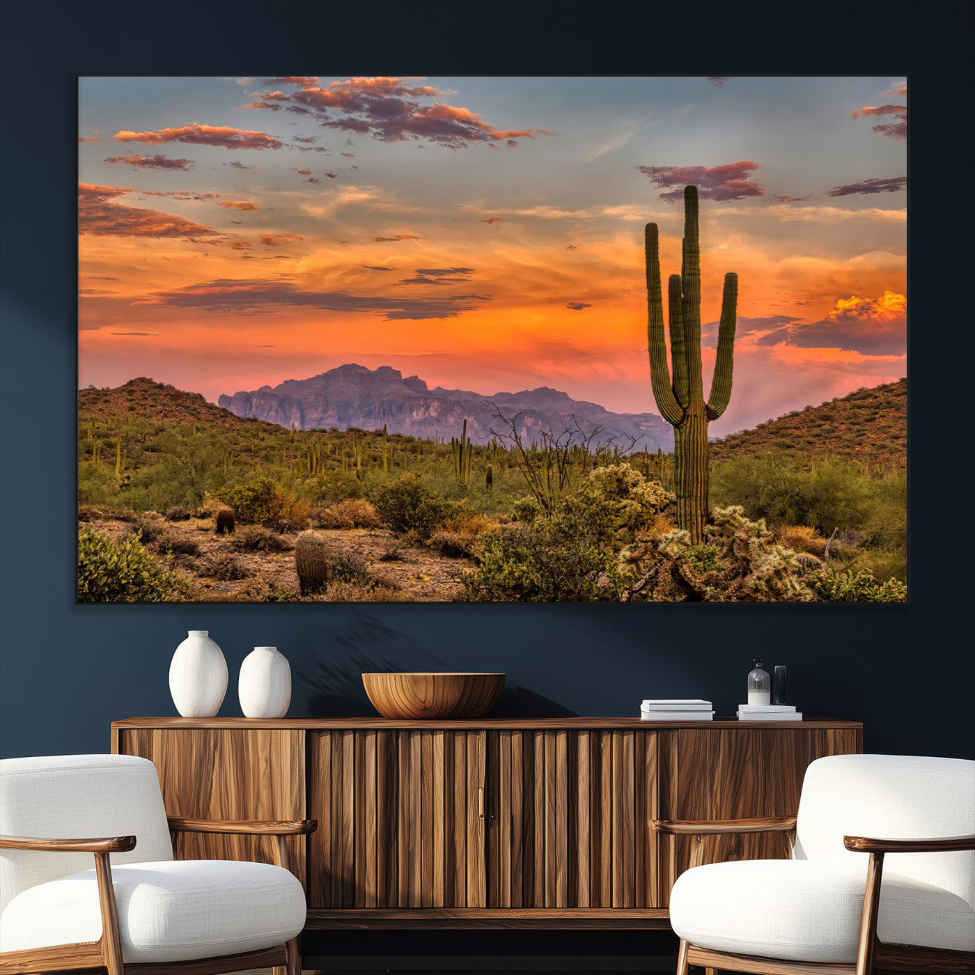 SEG-FC-51X34_Oversize - Saguaro Cactus Wall Art Canvas Print, Framed Arizona Sunset Art Picture Print, Sonoran Desert Perfect Southwestern Boho Decor Artwork