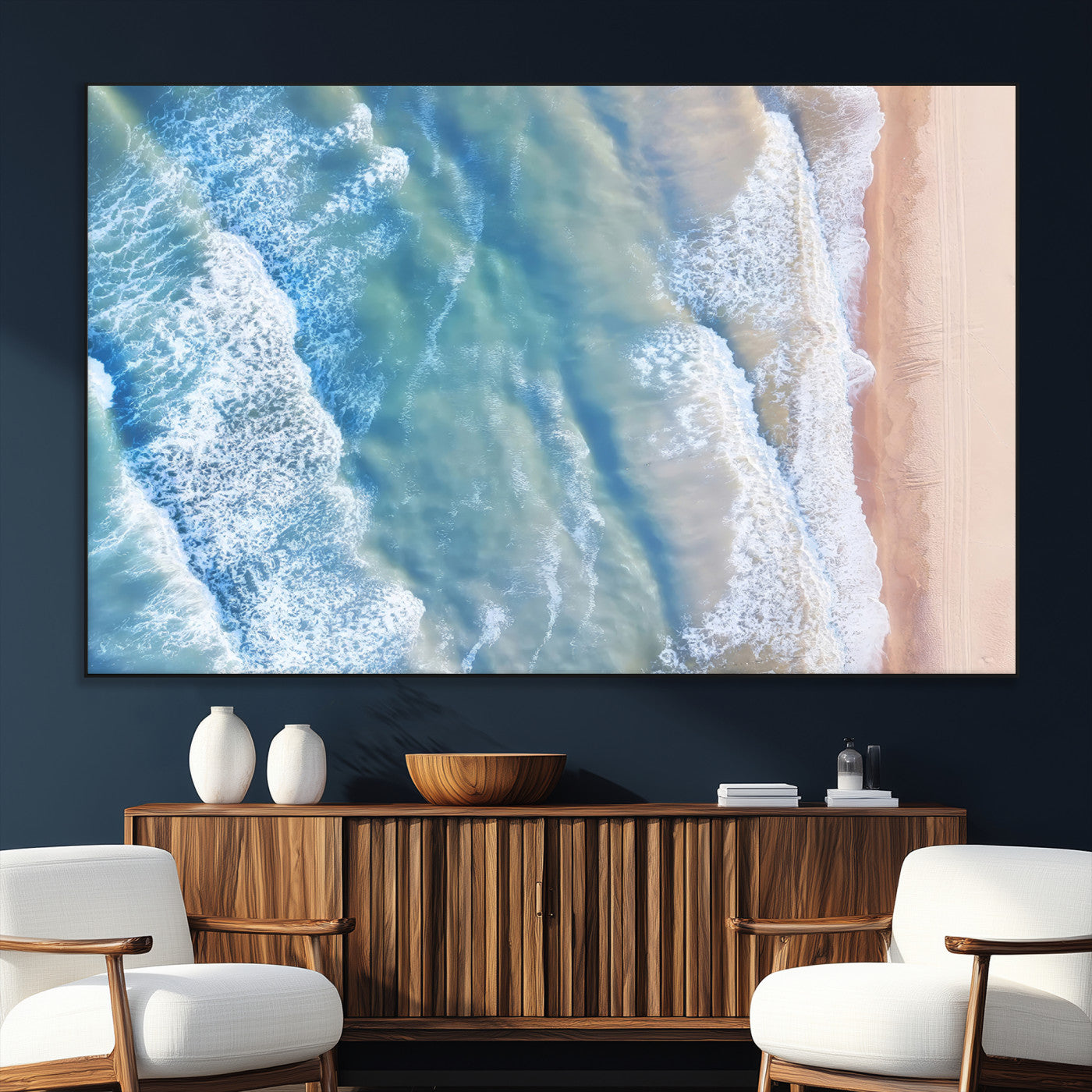 SEG-FC-51X34_Oversize - Aerial Ocean View Wall Art Canvas Print, Framed Soft Blue Waves Art Picture Print, Sandy Shoreline Perfect Modern Coastal Decor Artwork