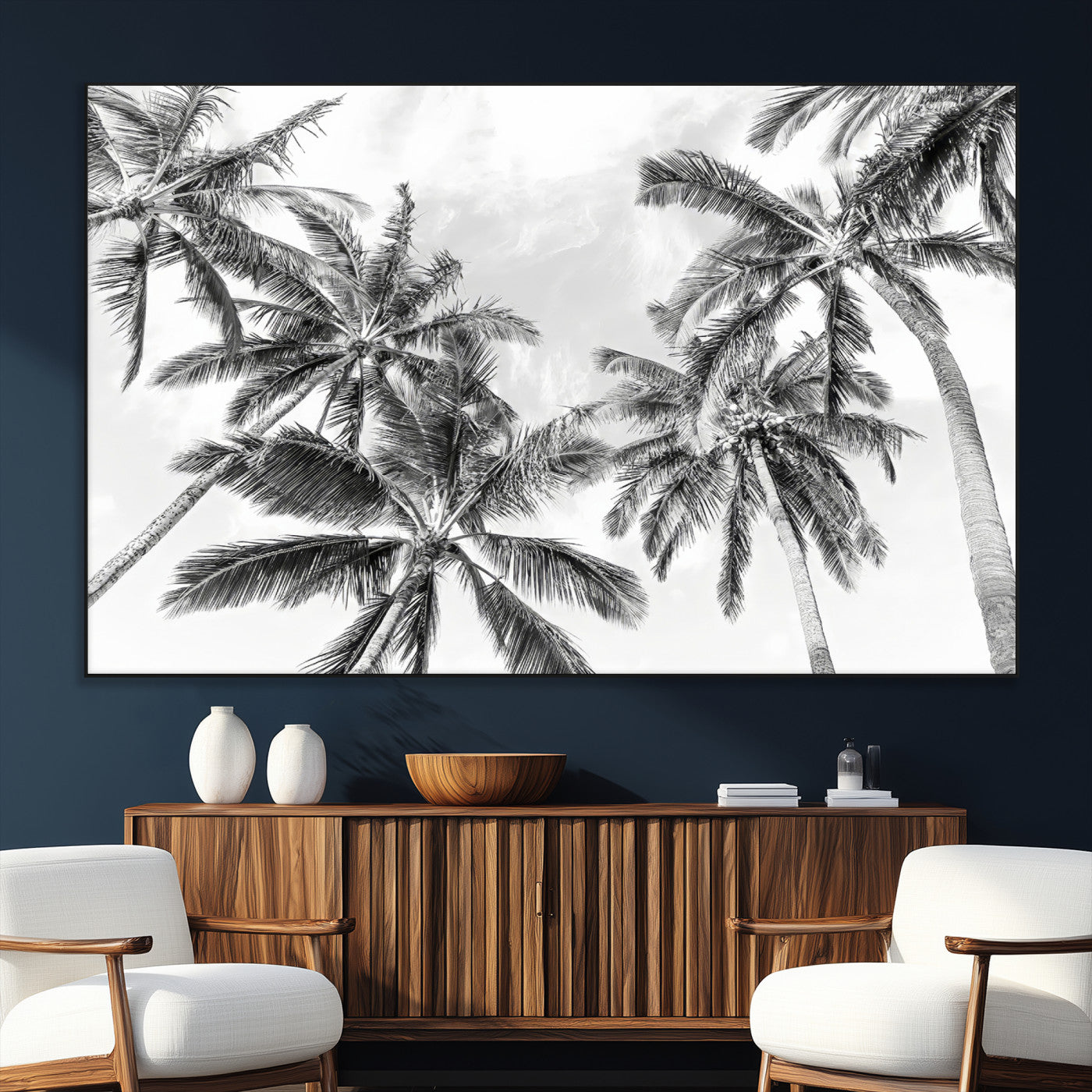 SEG-FC-51X34_Oversize - Black White Palm Wall Art Canvas Print, Framed Monochrome Tropics Art Picture Print, Minimalist Beach Perfect Coastal Minimalist Decor Artwork